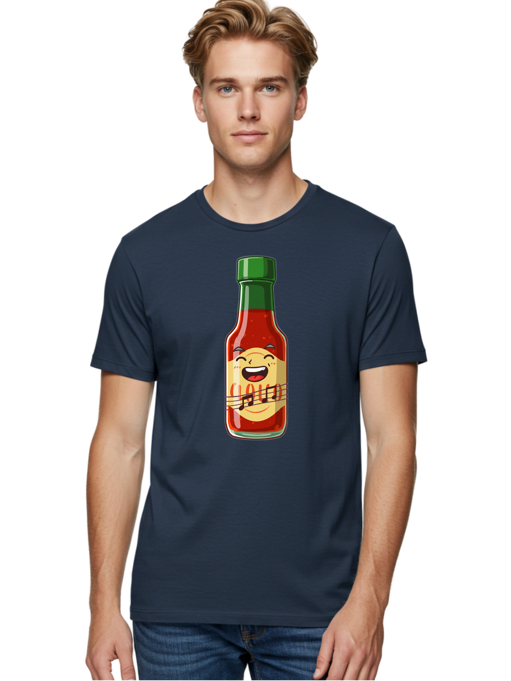 Chili-Sauce-Bottle Men'S Graphic Tee, 100% Cotton, Comfortable Casual Summer Wear, Machine Washable, Hot Sauce Bottle, Spicy Condiment, Cartoon Character, Laughing Face, Tabasco Sauce, Flavorful Food, Hot Pepper Sauce, Culinary Delight Baa292