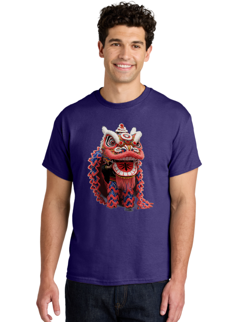 Chinese-Lion-Dance-Head Men'S Graphic Tee, 100% Cotton, Comfortable Casual Summer Wear, Machine Washable, Lion Dance Costume, Traditional Chinese Lion, Cultural Heritage, Festive Celebrations, Vibrant Colors, Intricate Designs, Baa295