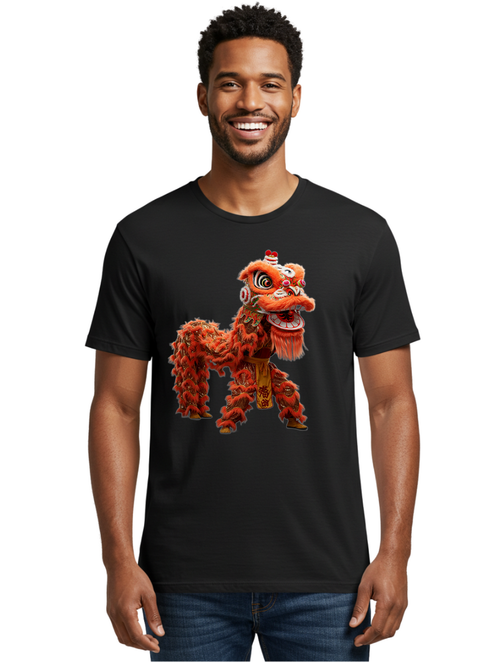 Chinese-Lion-Dance Men'S Graphic Tee, 100% Cotton, Comfortable Casual Summer Wear, Machine Washable, Lion Dance Costume, Traditional Chinese Dance, Cultural Heritage, Vibrant Orange, Festive Atmosphere, Intricate Designs, Mythical Creature, Baa296
