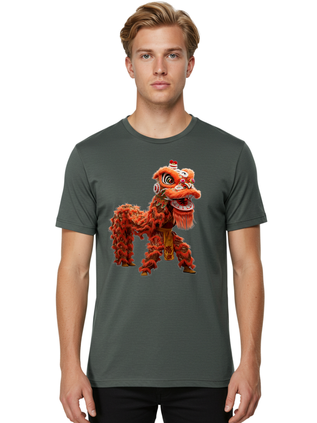 Chinese-Lion-Dance Men'S Graphic Tee, 100% Cotton, Comfortable Casual Summer Wear, Machine Washable, Lion Dance Costume, Traditional Chinese Dance, Cultural Heritage, Vibrant Orange, Festive Atmosphere, Intricate Designs, Mythical Creature, Baa296