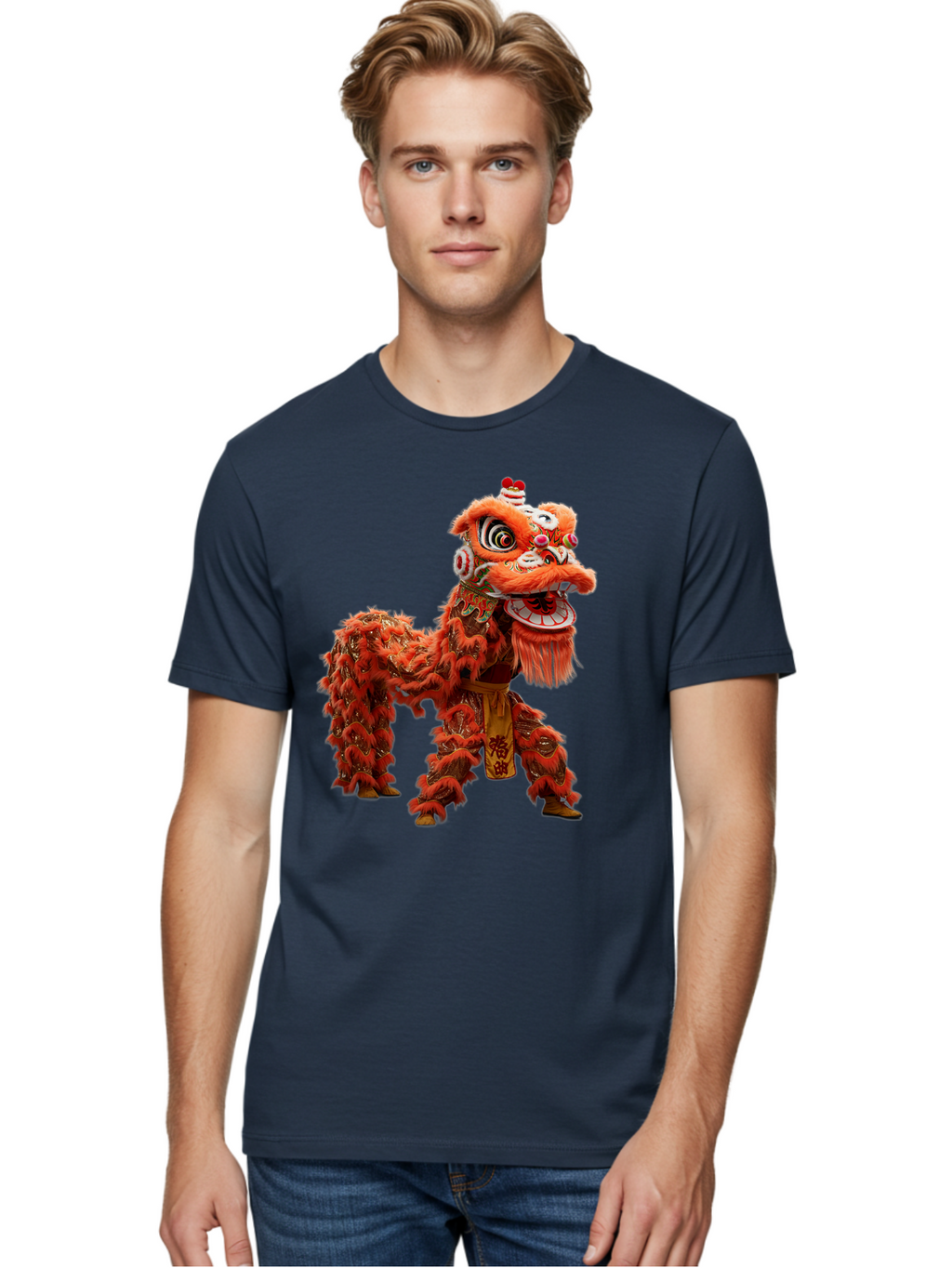 Chinese-Lion-Dance Men'S Graphic Tee, 100% Cotton, Comfortable Casual Summer Wear, Machine Washable, Lion Dance Costume, Traditional Chinese Dance, Cultural Heritage, Vibrant Orange, Festive Atmosphere, Intricate Designs, Mythical Creature, Baa296