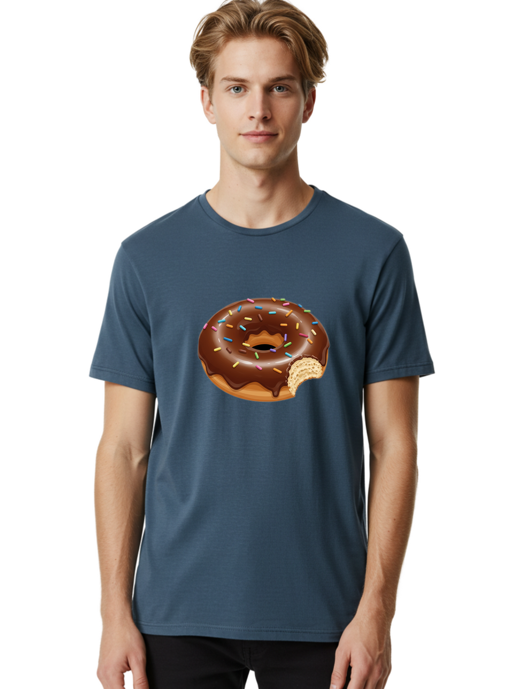 Chocolate-Donut-1 Men'S Graphic Tee, 100% Cotton, Comfortable Casual Summer Wear, Machine Washable, Chocolate Donut, Donut With Sprinkles, Bitten Donut, Sweet Treat, Dessert, Baked Goods, Colorful Sprinkles, Tasty Pastry, Delicious Donut Baa300