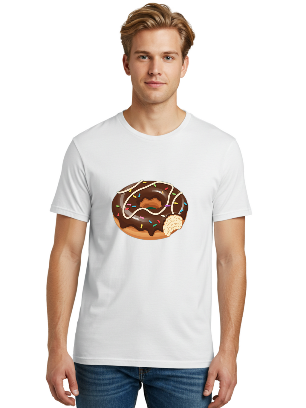 Chocolate-Donut-3 Men'S Graphic Tee, 100% Cotton, Comfortable Casual Summer Wear, Machine Washable, Chocolate Donut With Sprinkles, Sweet Treats, Donut Glaze, Colorful Sprinkles, White Icing, Tasty Desserts, Sweet Tooth, Delicious Donuts, Baa302