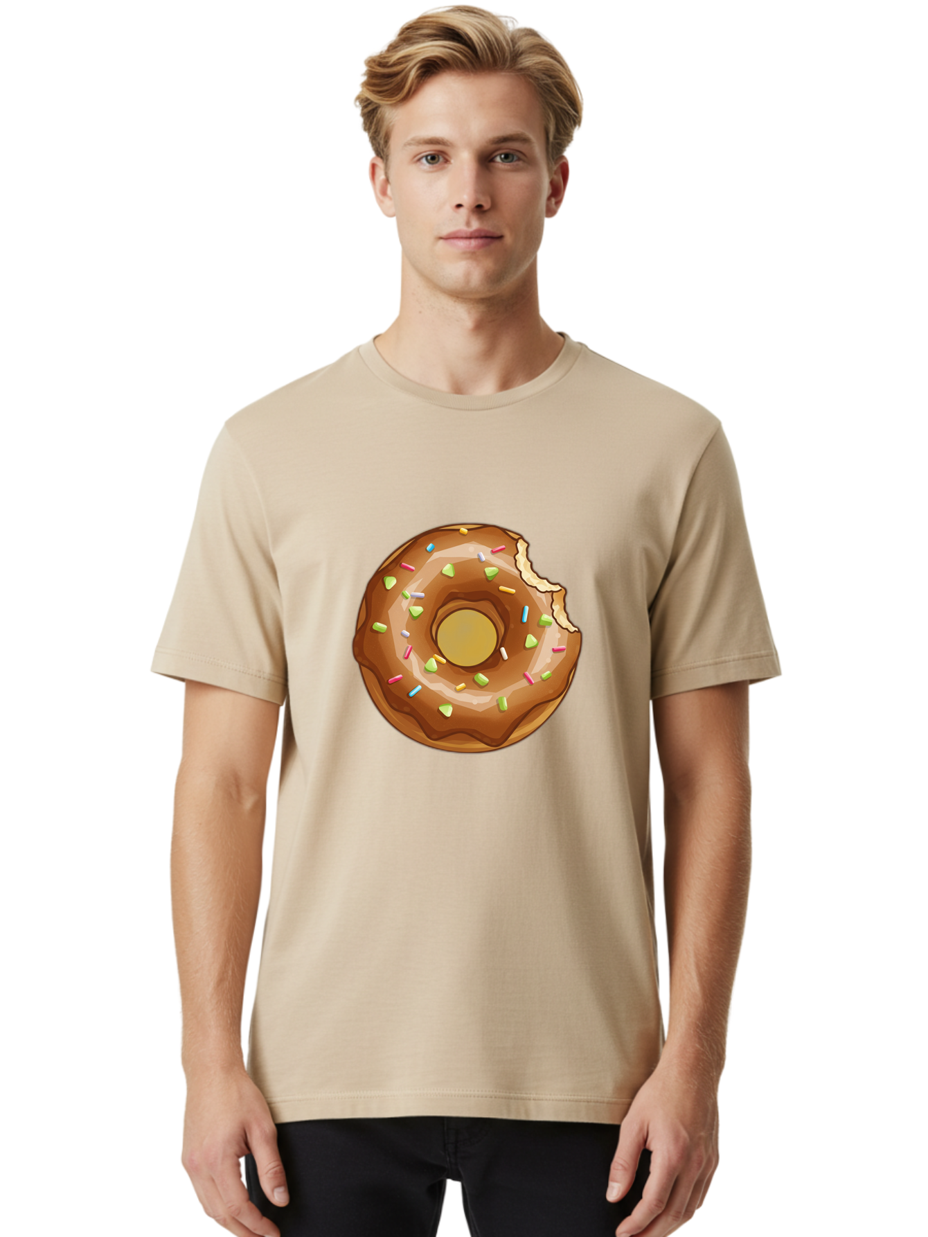 Chocolate-Donut-7 Men'S Graphic Tee, 100% Cotton, Comfortable Casual Summer Wear, Machine Washable, Chocolate Donut, Donut With Sprinkles, Bitten Donut, Glazed Donut, Colorful Sprinkles, Sweet Treats, Baked Goods, Donut Illustration, Baa306