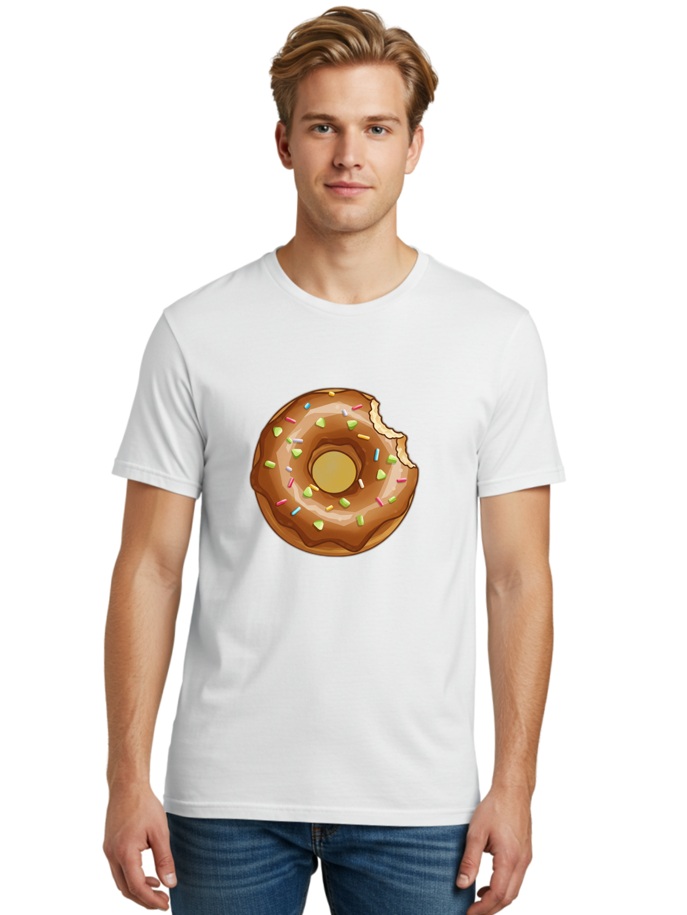 Chocolate-Donut-7 Men'S Graphic Tee, 100% Cotton, Comfortable Casual Summer Wear, Machine Washable, Chocolate Donut, Donut With Sprinkles, Bitten Donut, Glazed Donut, Colorful Sprinkles, Sweet Treats, Baked Goods, Donut Illustration, Baa306