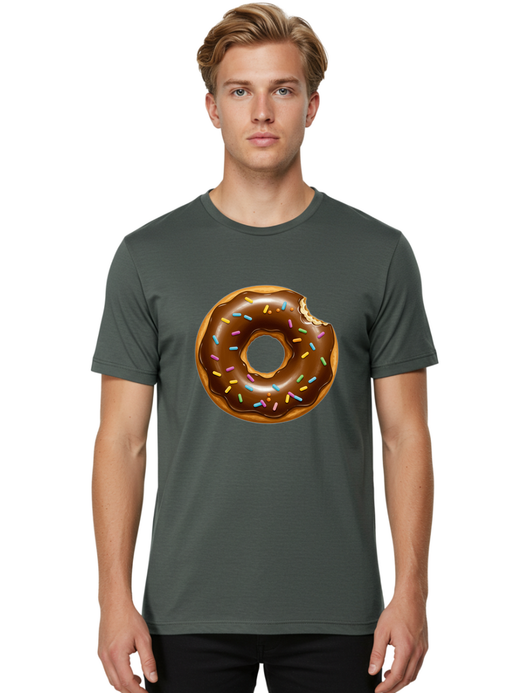 Chocolate-Donut-Sprinkles Men'S Graphic Tee, 100% Cotton, Comfortable Casual Summer Wear, Machine Washable, Chocolate Donut, Donut With Sprinkles, Bitten Donut, Sweet Treats, Baked Goods, Chocolate Glaze, Colorful Sprinkles, Tempting Dessert, Baa307