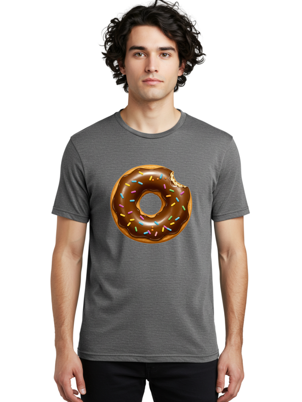 Chocolate-Donut-Sprinkles Men'S Graphic Tee, 100% Cotton, Comfortable Casual Summer Wear, Machine Washable, Chocolate Donut, Donut With Sprinkles, Bitten Donut, Sweet Treats, Baked Goods, Chocolate Glaze, Colorful Sprinkles, Tempting Dessert, Baa307