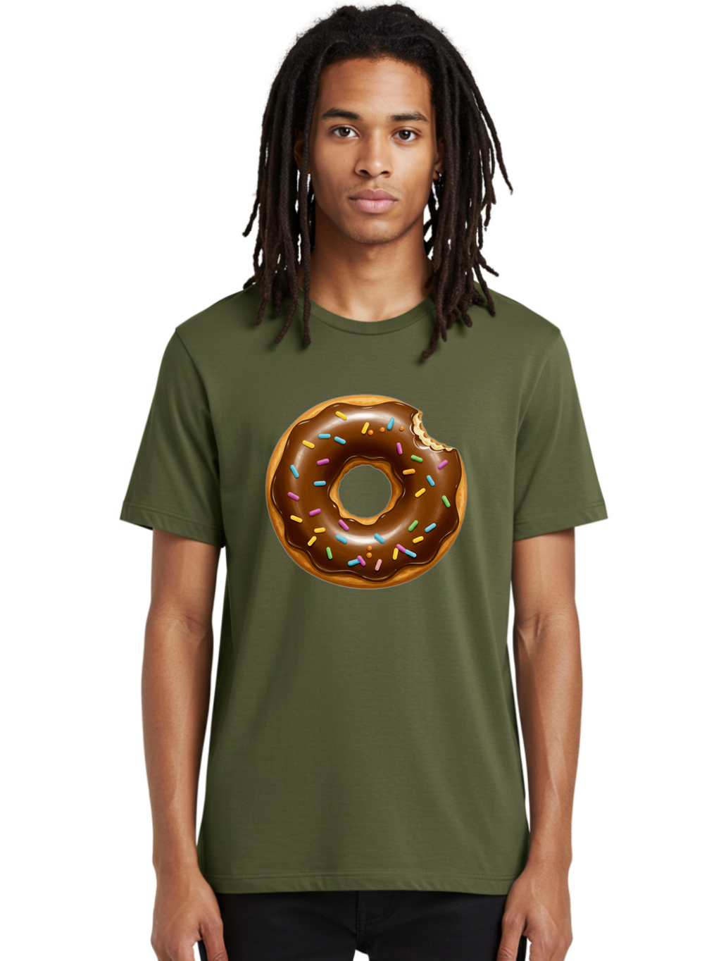 Chocolate-Donut-Sprinkles Men'S Graphic Tee, 100% Cotton, Comfortable Casual Summer Wear, Machine Washable, Chocolate Donut, Donut With Sprinkles, Bitten Donut, Sweet Treats, Baked Goods, Chocolate Glaze, Colorful Sprinkles, Tempting Dessert, Baa307