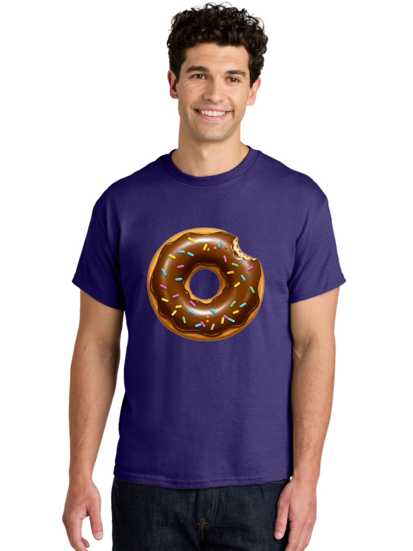 Chocolate-Donut-Sprinkles Men'S Graphic Tee, 100% Cotton, Comfortable Casual Summer Wear, Machine Washable, Chocolate Donut, Donut With Sprinkles, Bitten Donut, Sweet Treats, Baked Goods, Chocolate Glaze, Colorful Sprinkles, Tempting Dessert, Baa307