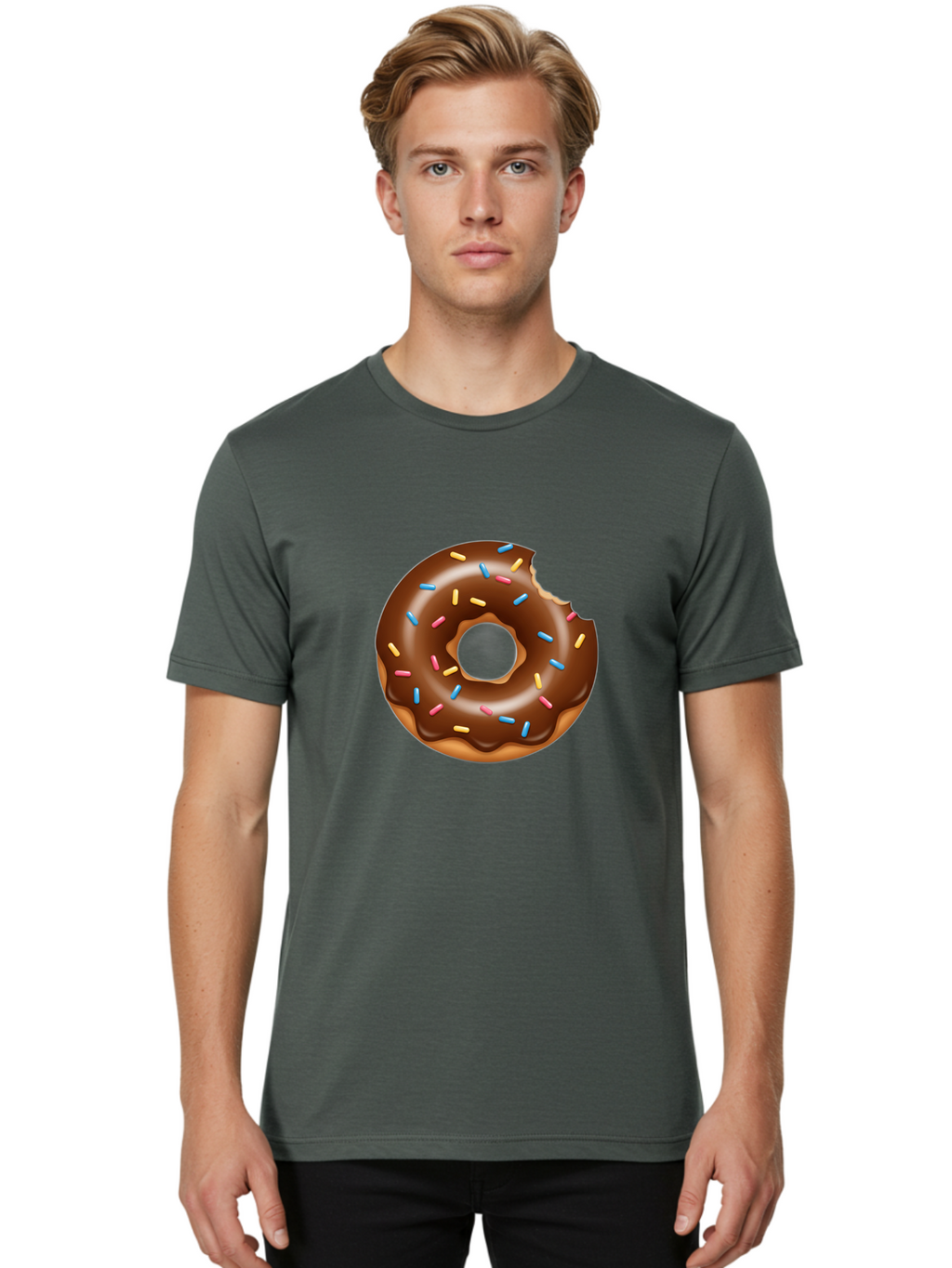 Chocolate-Donut Men'S Graphic Tee, 100% Cotton, Comfortable Casual Summer Wear, Machine Washable, Chocolate Frosted Donut, Donut With Sprinkles, Bitten Donut, Sweet Treats, Dessert, Baked Goods, Tasty, Colorful Sprinkles, Indulgent Snack, Baa308