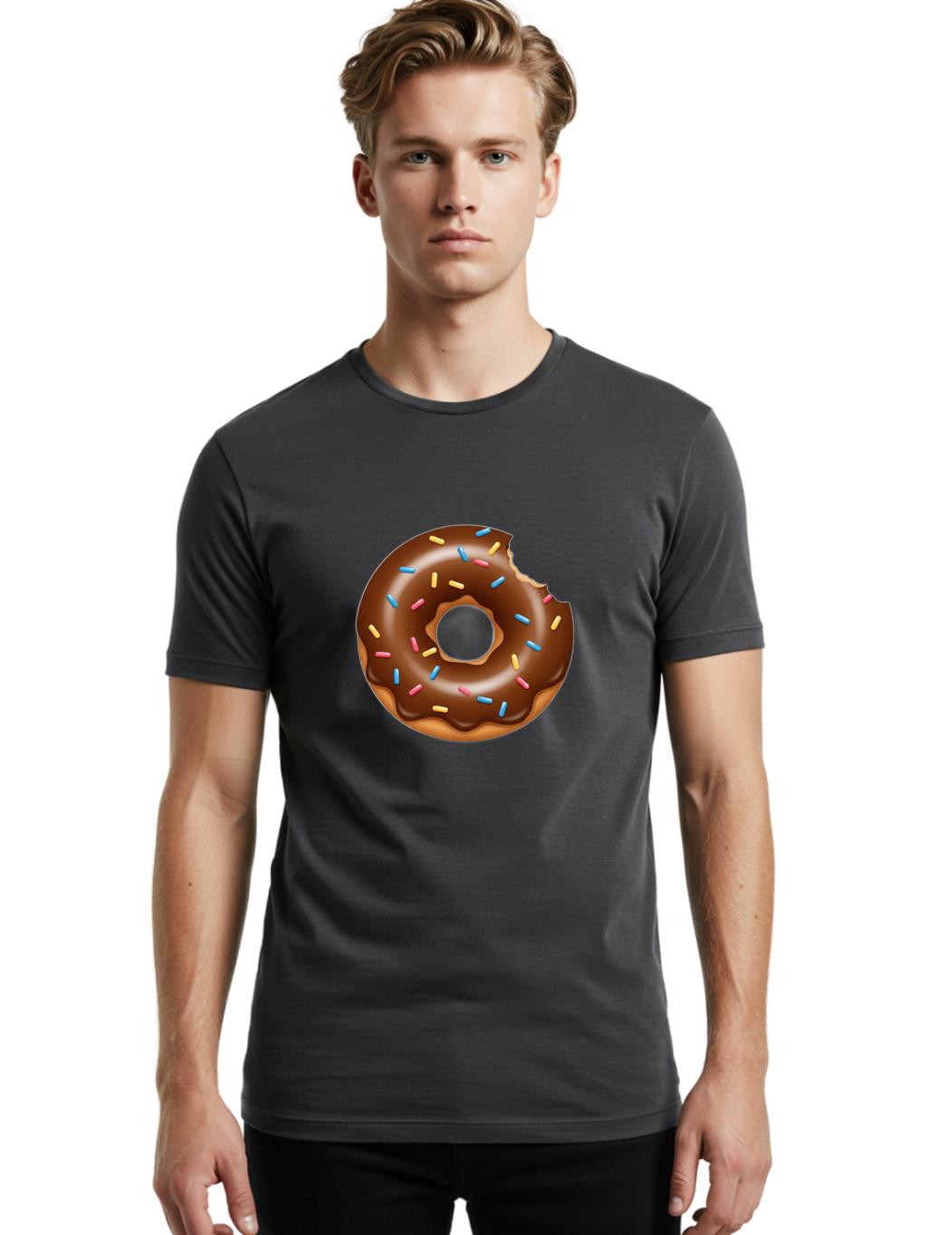 Chocolate-Donut Men'S Graphic Tee, 100% Cotton, Comfortable Casual Summer Wear, Machine Washable, Chocolate Frosted Donut, Donut With Sprinkles, Bitten Donut, Sweet Treats, Dessert, Baked Goods, Tasty, Colorful Sprinkles, Indulgent Snack, Baa308