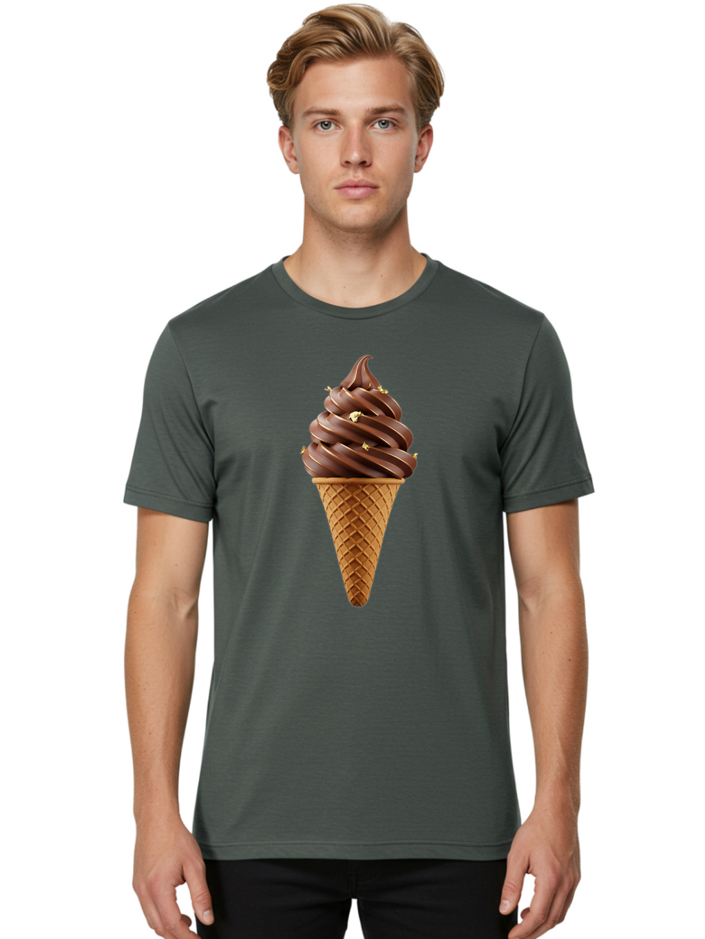 Chocolate-Ice-Cream-Cone Men'S Graphic Tee, 100% Cotton, Comfortable Casual Summer Wear, Machine Washable, Chocolate Ice Cream Cone, Chocolate Soft Serve, Edible Gold Decorations, Dessert Treats, Chocolatey Delights, Ice Cream Novelty, Baa310
