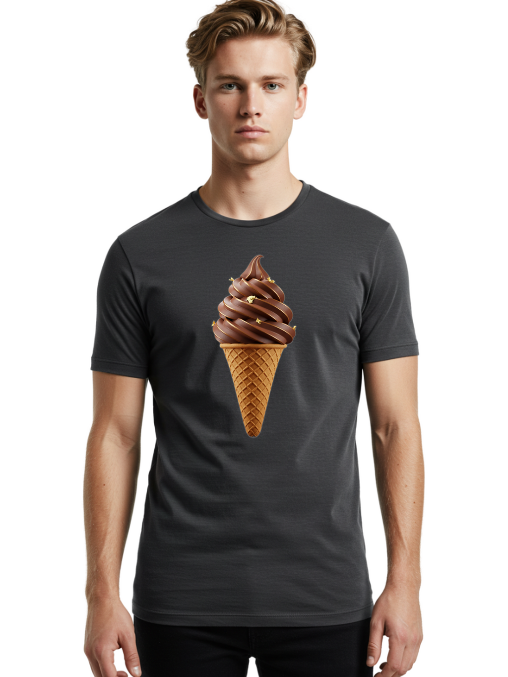 Chocolate-Ice-Cream-Cone Men'S Graphic Tee, 100% Cotton, Comfortable Casual Summer Wear, Machine Washable, Chocolate Ice Cream Cone, Chocolate Soft Serve, Edible Gold Decorations, Dessert Treats, Chocolatey Delights, Ice Cream Novelty, Baa310