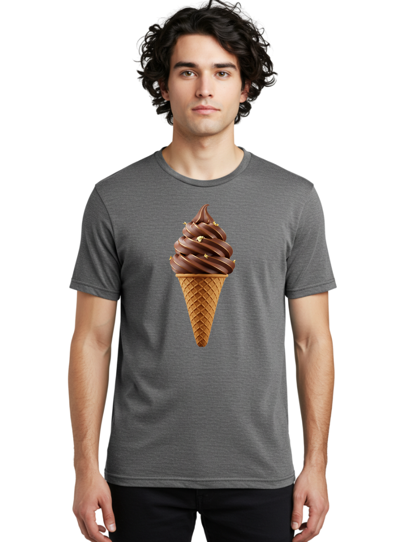 Chocolate-Ice-Cream-Cone Men'S Graphic Tee, 100% Cotton, Comfortable Casual Summer Wear, Machine Washable, Chocolate Ice Cream Cone, Chocolate Soft Serve, Edible Gold Decorations, Dessert Treats, Chocolatey Delights, Ice Cream Novelty, Baa310