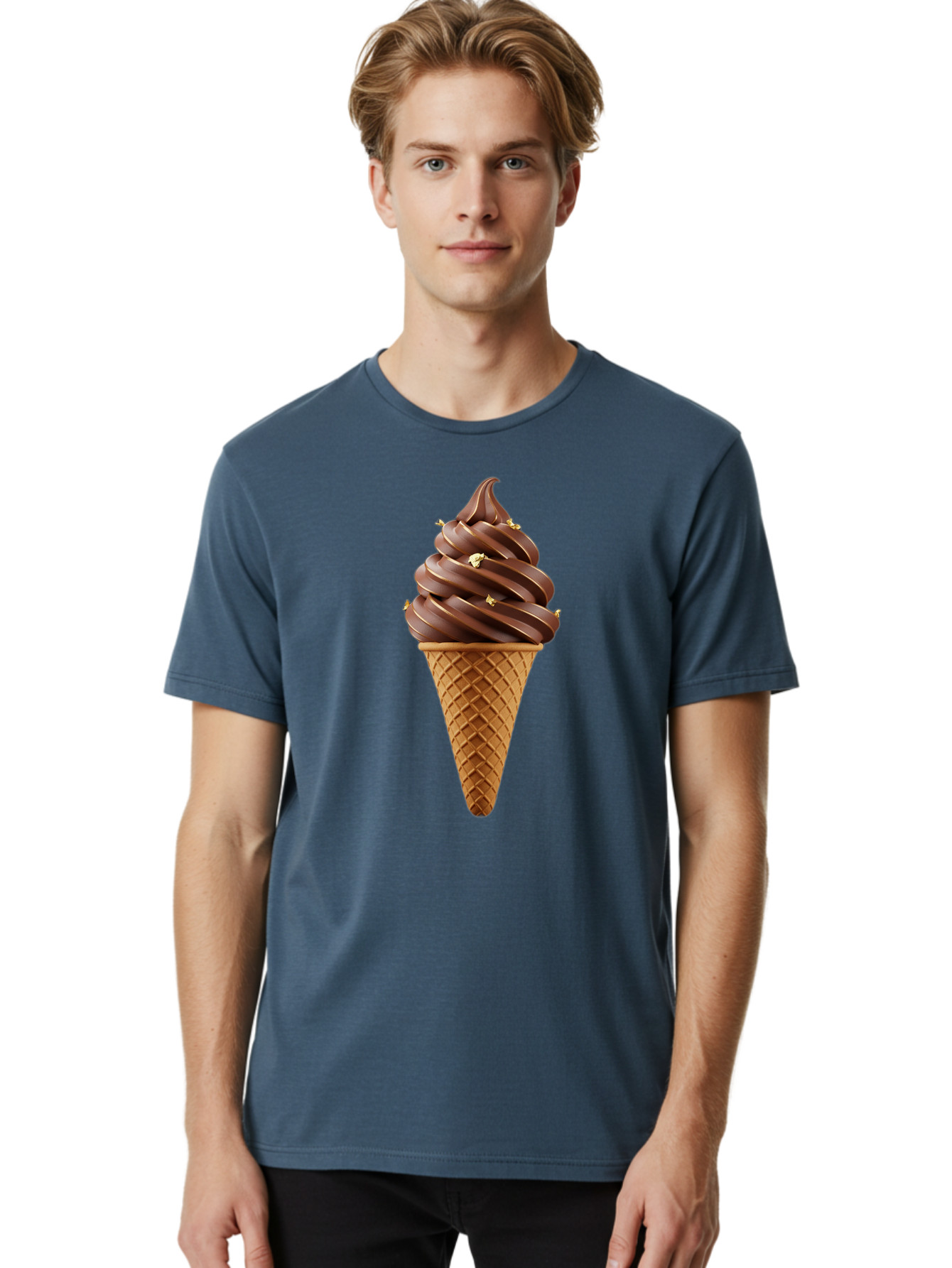 Chocolate-Ice-Cream-Cone Men'S Graphic Tee, 100% Cotton, Comfortable Casual Summer Wear, Machine Washable, Chocolate Ice Cream Cone, Chocolate Soft Serve, Edible Gold Decorations, Dessert Treats, Chocolatey Delights, Ice Cream Novelty, Baa310