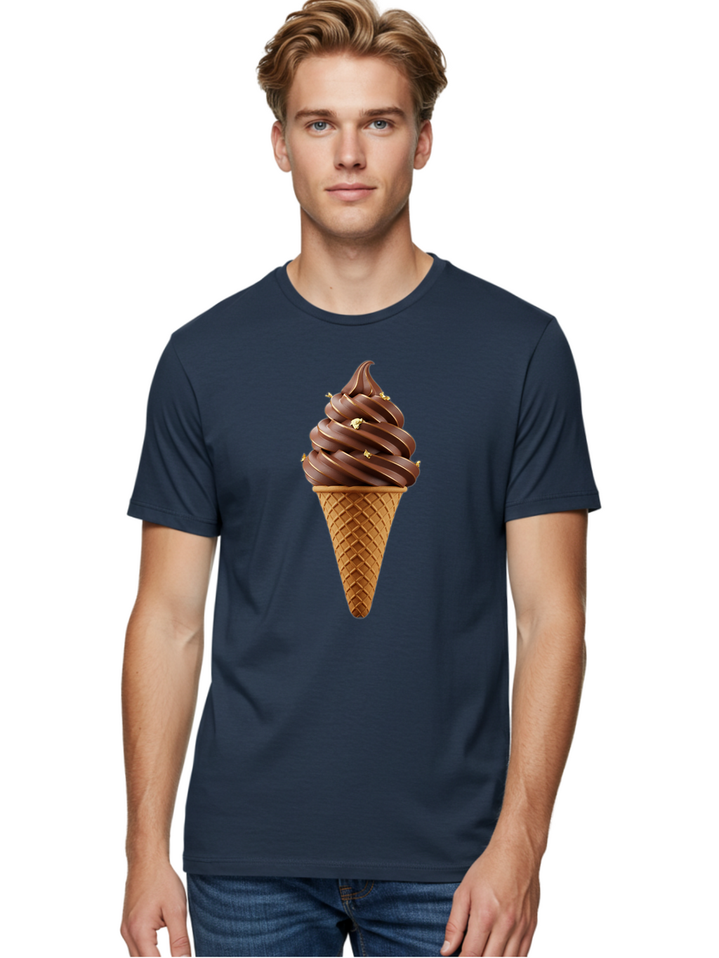 Chocolate-Ice-Cream-Cone Men'S Graphic Tee, 100% Cotton, Comfortable Casual Summer Wear, Machine Washable, Chocolate Ice Cream Cone, Chocolate Soft Serve, Edible Gold Decorations, Dessert Treats, Chocolatey Delights, Ice Cream Novelty, Baa310