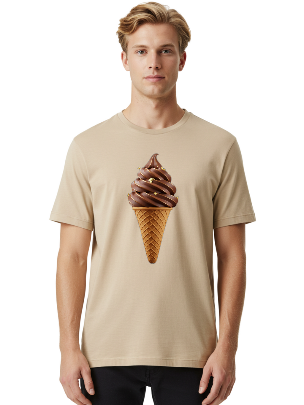 Chocolate-Ice-Cream-Cone Men'S Graphic Tee, 100% Cotton, Comfortable Casual Summer Wear, Machine Washable, Chocolate Ice Cream Cone, Chocolate Soft Serve, Edible Gold Decorations, Dessert Treats, Chocolatey Delights, Ice Cream Novelty, Baa310