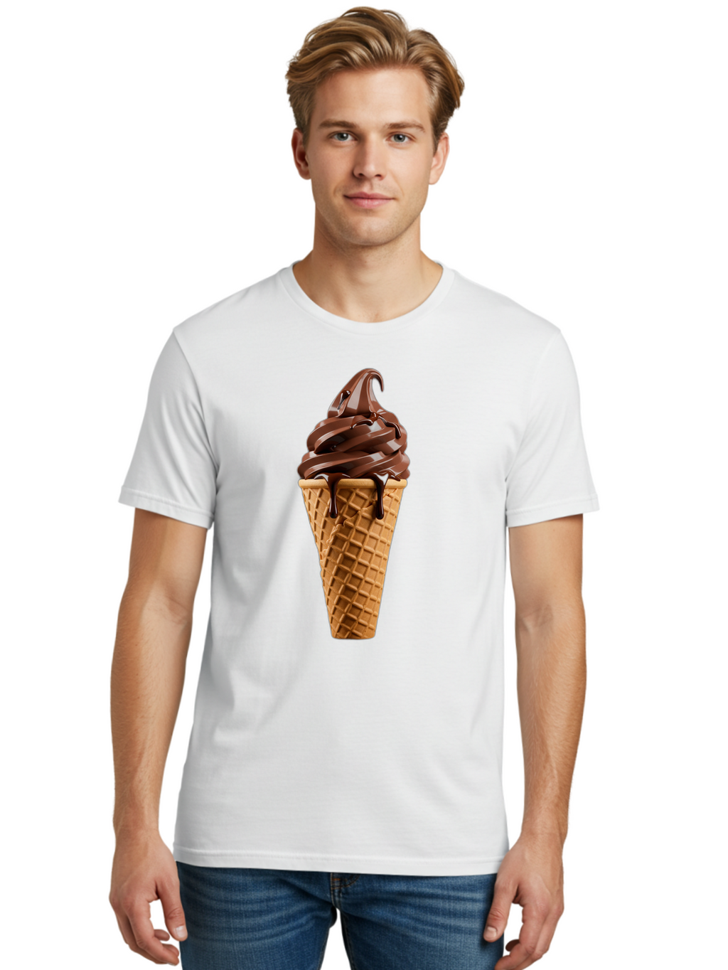 Chocolate-Ice-Cream Men'S Graphic Tee, 100% Cotton, Comfortable Casual Summer Wear, Machine Washable, Chocolate Soft Serve, Ice Cream Cone, Waffle Cone, Melted Chocolate, Sweet Treats, Dessert Ideas, Chocolate Ice Cream, Ice Cream Lovers, Baa311