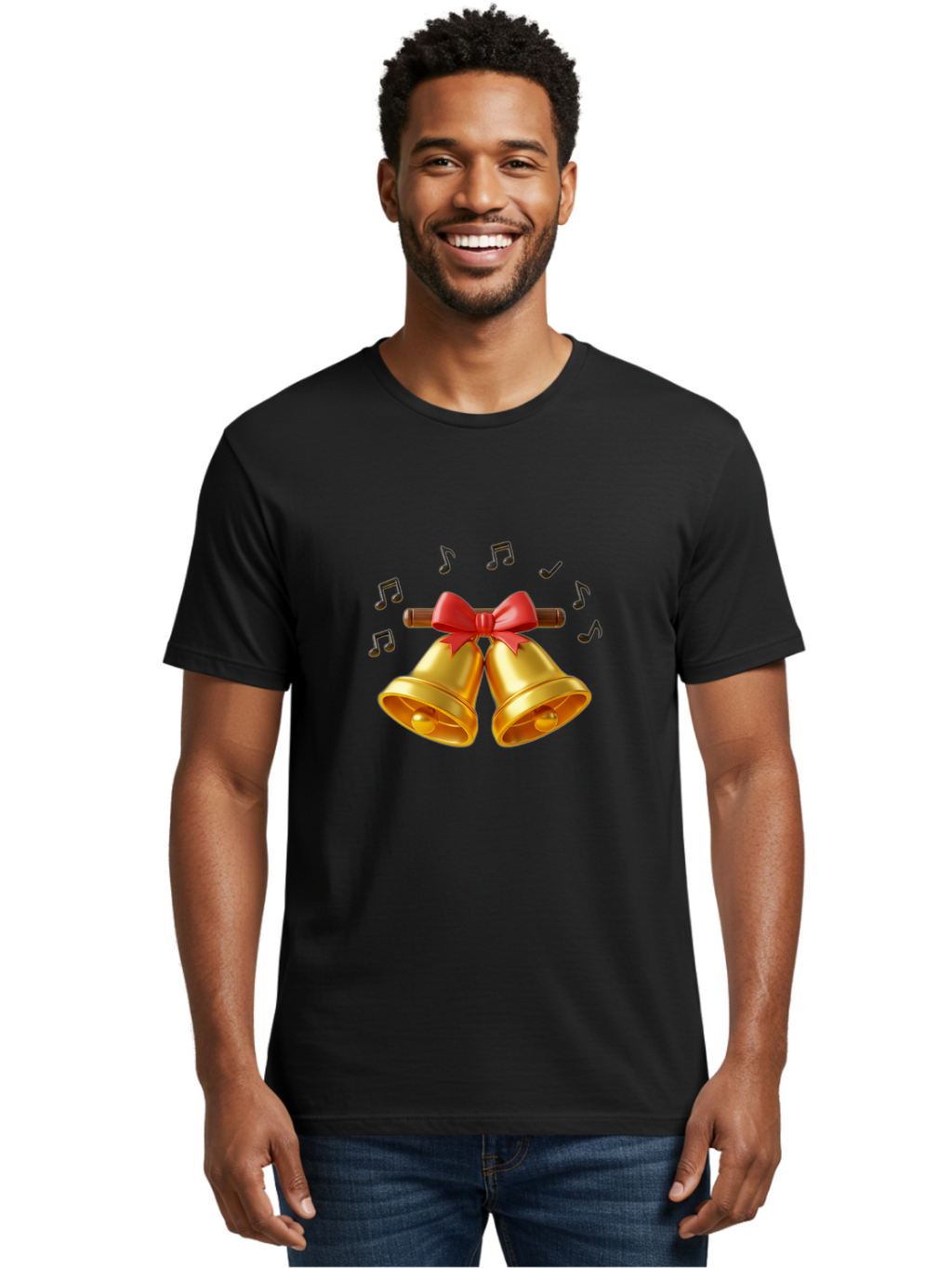 Christmas-Bells-1 Men'S Graphic Tee, 100% Cotton, Comfortable Casual Summer Wear, Machine Washable, Golden Christmas Bells, Red Bow, Festive Decor, Holiday Season, Jingling Sound, Musical Notes, Celebration, Joyful Atmosphere, Merry Christmas, Baa313