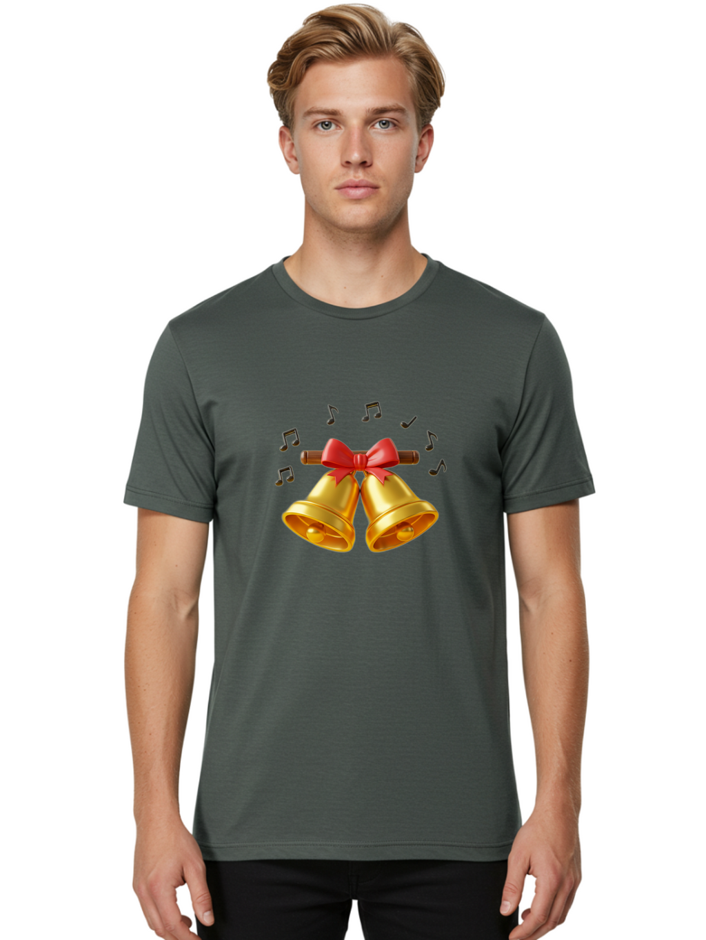 Christmas-Bells-1 Men'S Graphic Tee, 100% Cotton, Comfortable Casual Summer Wear, Machine Washable, Golden Christmas Bells, Red Bow, Festive Decor, Holiday Season, Jingling Sound, Musical Notes, Celebration, Joyful Atmosphere, Merry Christmas, Baa313