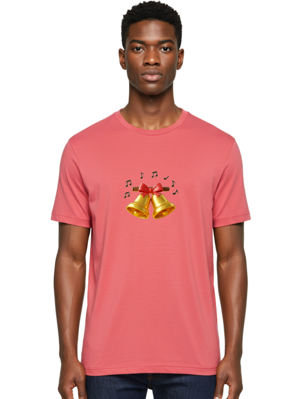 Christmas-Bells-1 Men'S Graphic Tee, 100% Cotton, Comfortable Casual Summer Wear, Machine Washable, Golden Christmas Bells, Red Bow, Festive Decor, Holiday Season, Jingling Sound, Musical Notes, Celebration, Joyful Atmosphere, Merry Christmas, Baa313