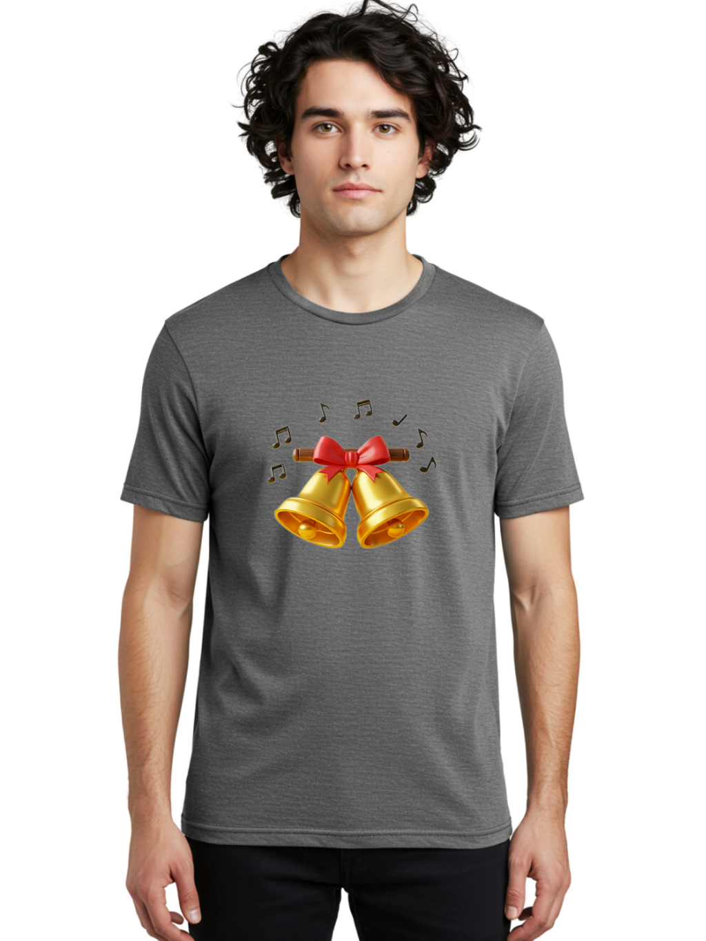 Christmas-Bells-1 Men'S Graphic Tee, 100% Cotton, Comfortable Casual Summer Wear, Machine Washable, Golden Christmas Bells, Red Bow, Festive Decor, Holiday Season, Jingling Sound, Musical Notes, Celebration, Joyful Atmosphere, Merry Christmas, Baa313