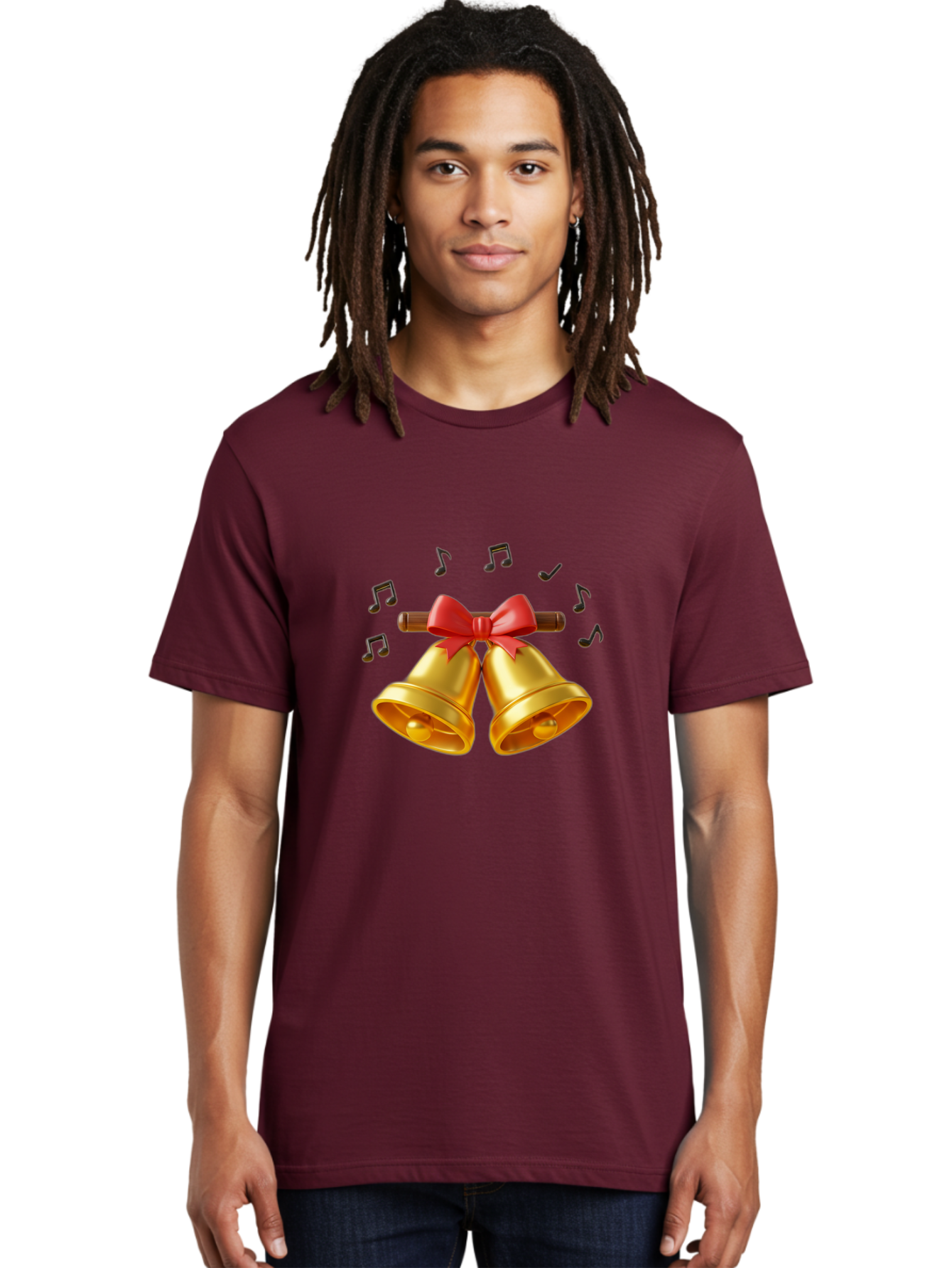 Christmas-Bells-1 Men'S Graphic Tee, 100% Cotton, Comfortable Casual Summer Wear, Machine Washable, Golden Christmas Bells, Red Bow, Festive Decor, Holiday Season, Jingling Sound, Musical Notes, Celebration, Joyful Atmosphere, Merry Christmas, Baa313