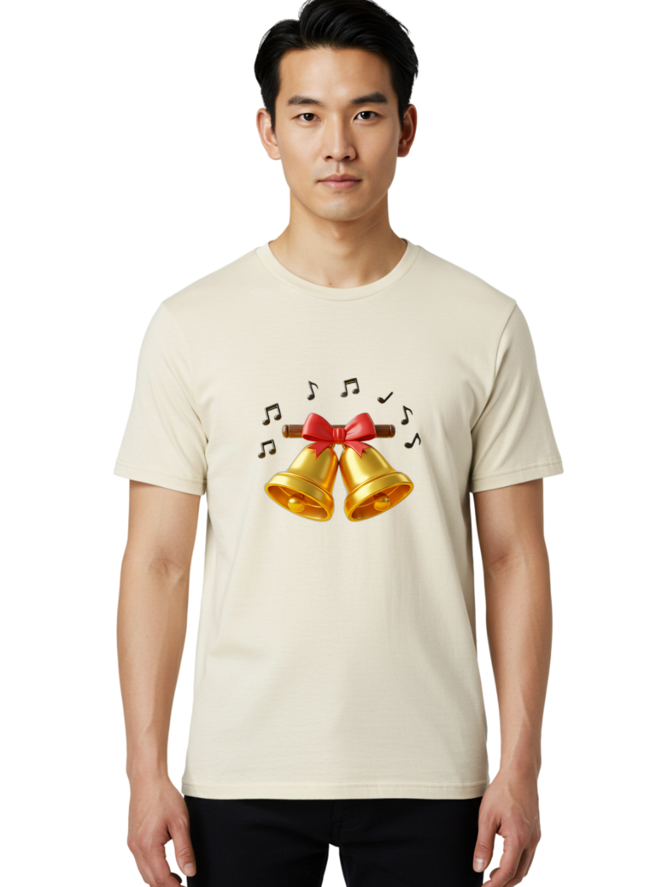 Christmas-Bells-1 Men'S Graphic Tee, 100% Cotton, Comfortable Casual Summer Wear, Machine Washable, Golden Christmas Bells, Red Bow, Festive Decor, Holiday Season, Jingling Sound, Musical Notes, Celebration, Joyful Atmosphere, Merry Christmas, Baa313
