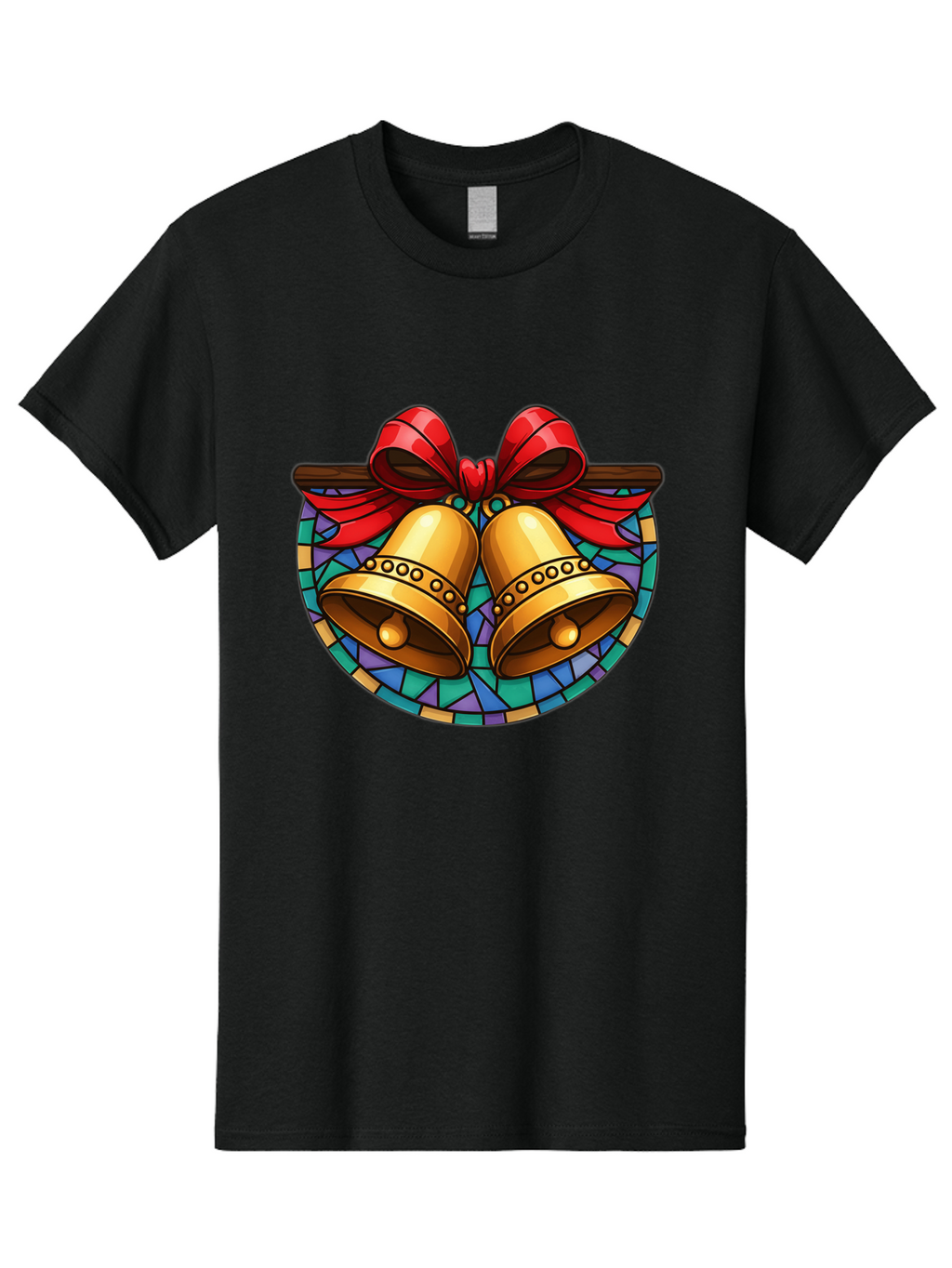 Christmas-Bells-Stained-Glass Men'S Graphic Tee, 100% Cotton, Comfortable Casual Summer Wear, Machine Washable, Golden Christmas Bells, Stained Glass, Red Ribbon, Festive Decorations, Holiday Cheer, Christmas Celebration, Vintage Style, Baa315