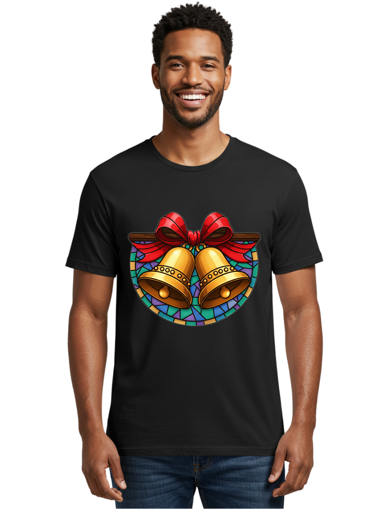 Christmas-Bells-Stained-Glass Men'S Graphic Tee, 100% Cotton, Comfortable Casual Summer Wear, Machine Washable, Golden Christmas Bells, Stained Glass, Red Ribbon, Festive Decorations, Holiday Cheer, Christmas Celebration, Vintage Style, Baa315