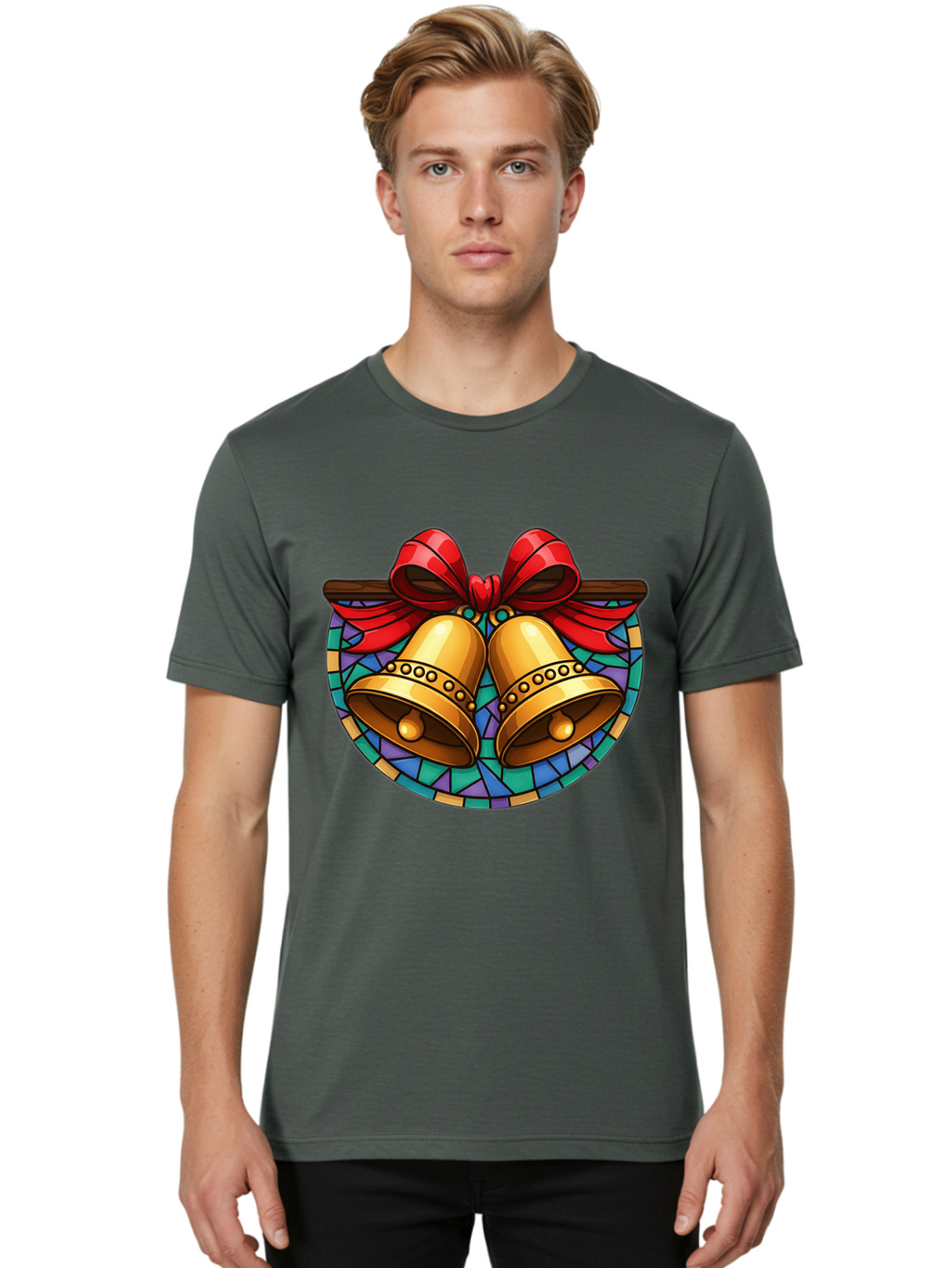 Christmas-Bells-Stained-Glass Men'S Graphic Tee, 100% Cotton, Comfortable Casual Summer Wear, Machine Washable, Golden Christmas Bells, Stained Glass, Red Ribbon, Festive Decorations, Holiday Cheer, Christmas Celebration, Vintage Style, Baa315