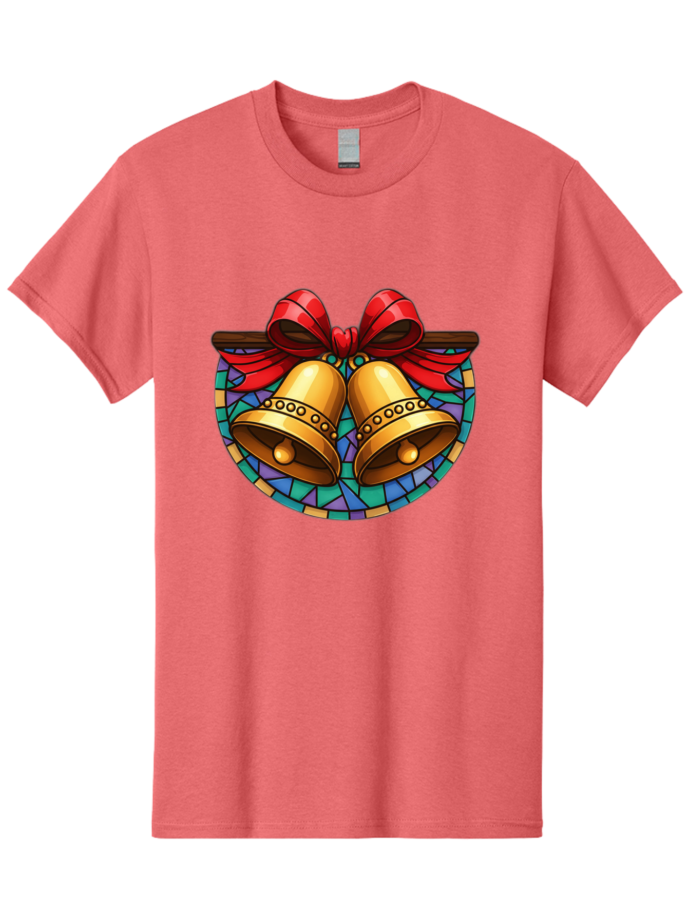 Christmas-Bells-Stained-Glass Men'S Graphic Tee, 100% Cotton, Comfortable Casual Summer Wear, Machine Washable, Golden Christmas Bells, Stained Glass, Red Ribbon, Festive Decorations, Holiday Cheer, Christmas Celebration, Vintage Style, Baa315