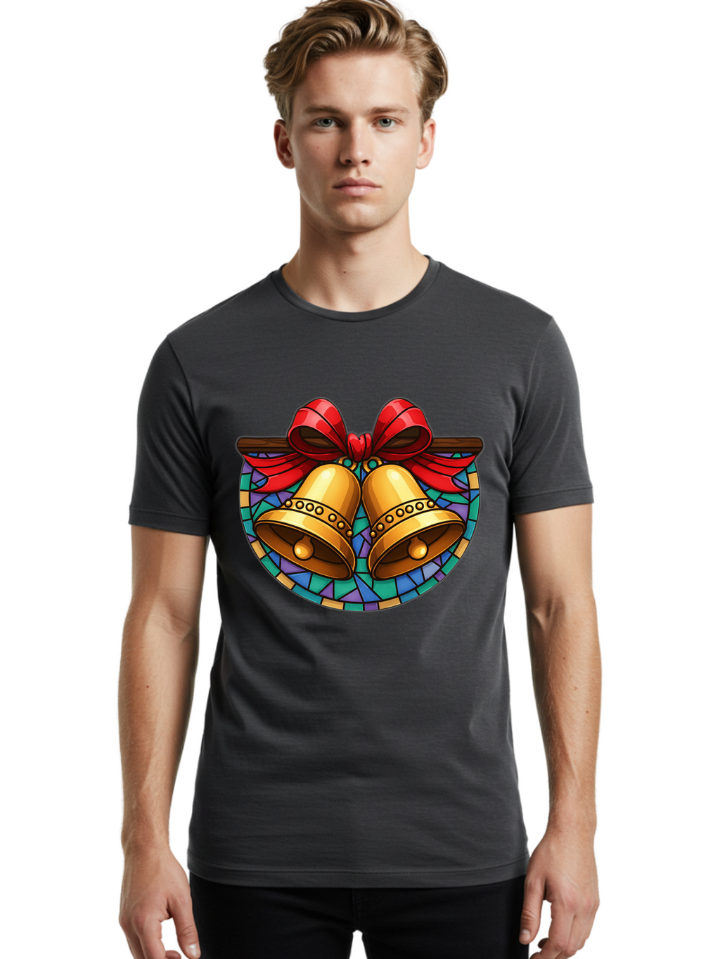 Christmas-Bells-Stained-Glass Men'S Graphic Tee, 100% Cotton, Comfortable Casual Summer Wear, Machine Washable, Golden Christmas Bells, Stained Glass, Red Ribbon, Festive Decorations, Holiday Cheer, Christmas Celebration, Vintage Style, Baa315