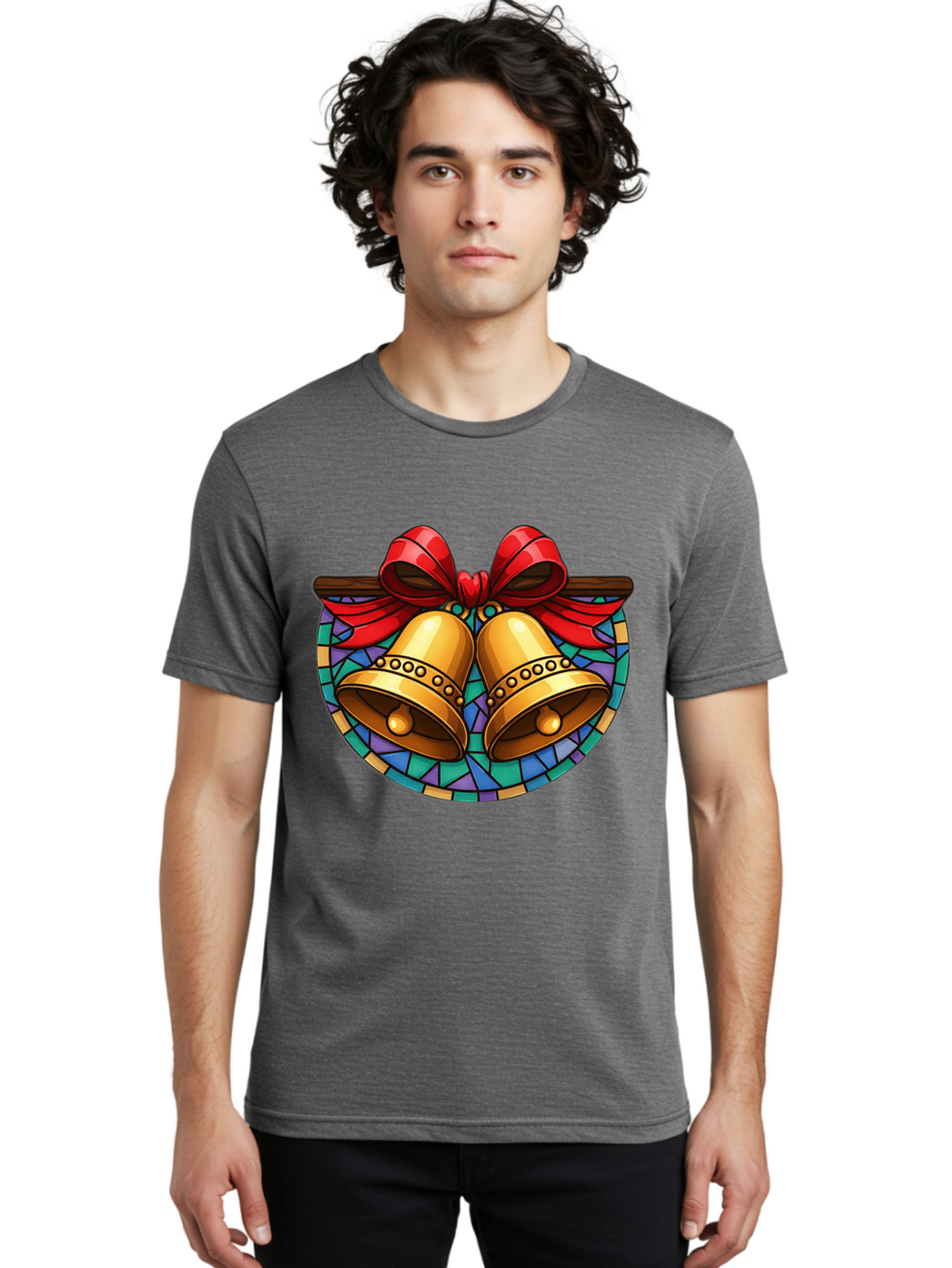 Christmas-Bells-Stained-Glass Men'S Graphic Tee, 100% Cotton, Comfortable Casual Summer Wear, Machine Washable, Golden Christmas Bells, Stained Glass, Red Ribbon, Festive Decorations, Holiday Cheer, Christmas Celebration, Vintage Style, Baa315