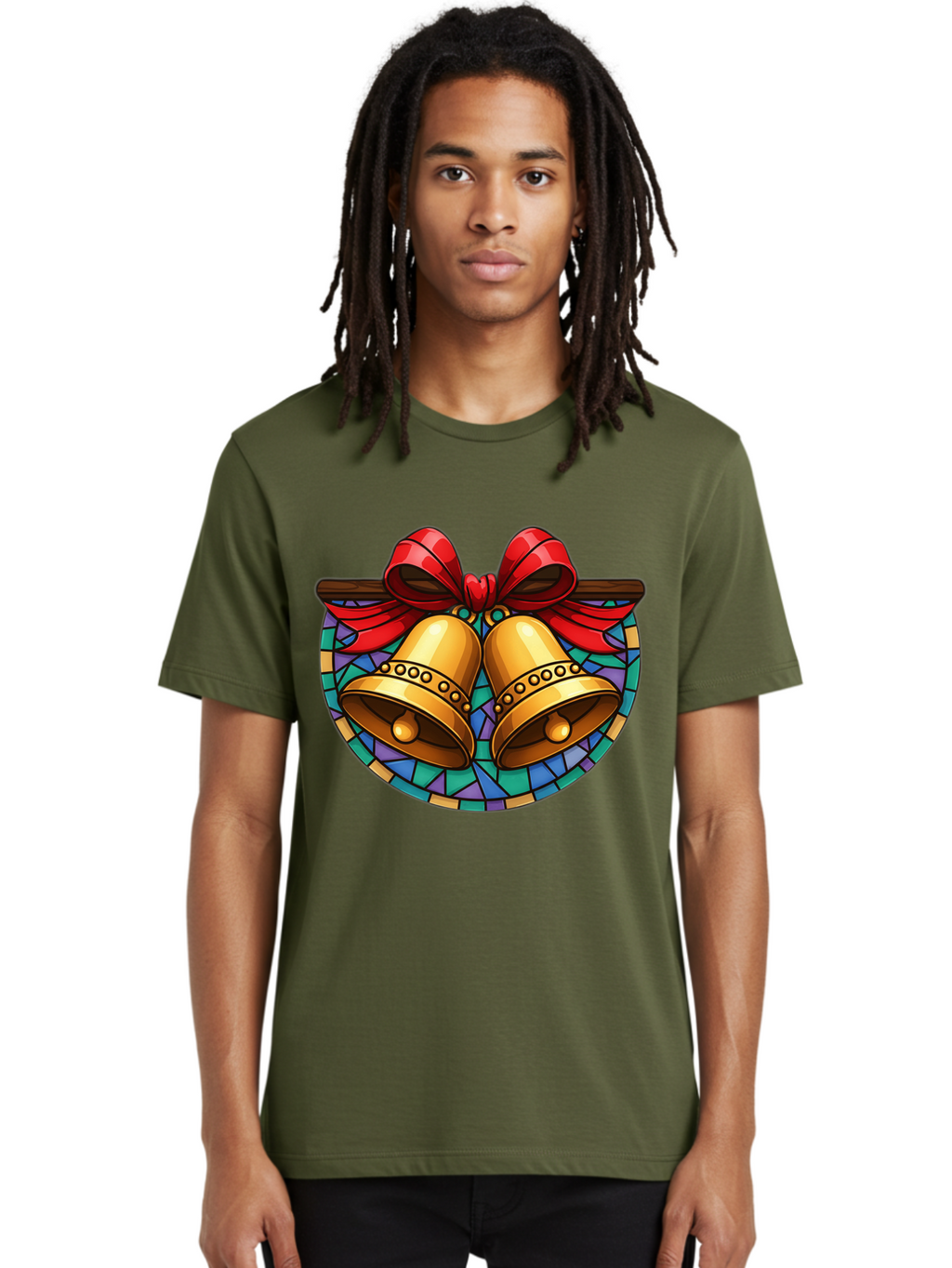 Christmas-Bells-Stained-Glass Men'S Graphic Tee, 100% Cotton, Comfortable Casual Summer Wear, Machine Washable, Golden Christmas Bells, Stained Glass, Red Ribbon, Festive Decorations, Holiday Cheer, Christmas Celebration, Vintage Style, Baa315