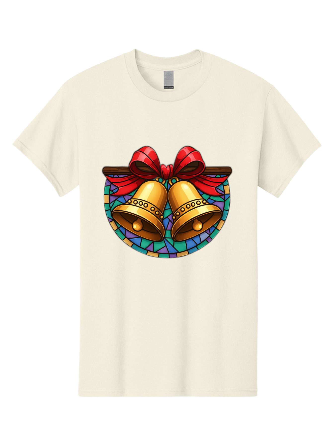 Christmas-Bells-Stained-Glass Men'S Graphic Tee, 100% Cotton, Comfortable Casual Summer Wear, Machine Washable, Golden Christmas Bells, Stained Glass, Red Ribbon, Festive Decorations, Holiday Cheer, Christmas Celebration, Vintage Style, Baa315