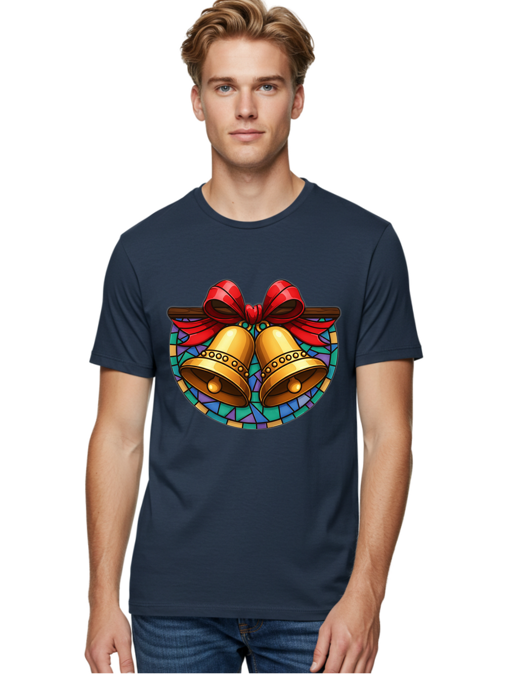 Christmas-Bells-Stained-Glass Men'S Graphic Tee, 100% Cotton, Comfortable Casual Summer Wear, Machine Washable, Golden Christmas Bells, Stained Glass, Red Ribbon, Festive Decorations, Holiday Cheer, Christmas Celebration, Vintage Style, Baa315