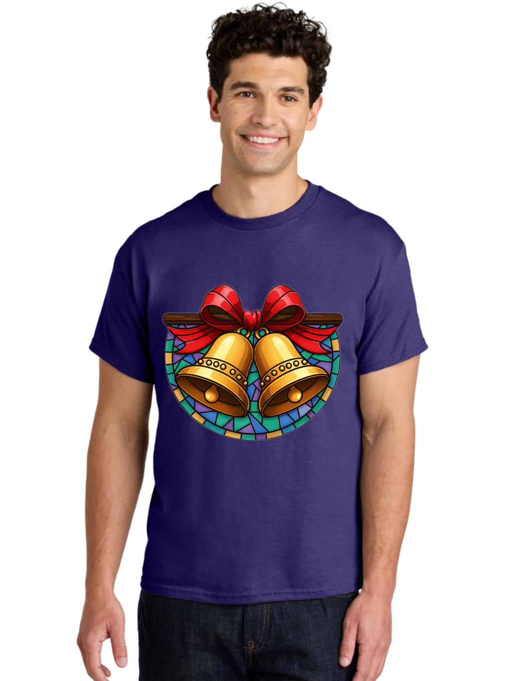 Christmas-Bells-Stained-Glass Men'S Graphic Tee, 100% Cotton, Comfortable Casual Summer Wear, Machine Washable, Golden Christmas Bells, Stained Glass, Red Ribbon, Festive Decorations, Holiday Cheer, Christmas Celebration, Vintage Style, Baa315