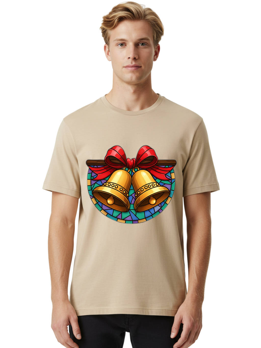 Christmas-Bells-Stained-Glass Men'S Graphic Tee, 100% Cotton, Comfortable Casual Summer Wear, Machine Washable, Golden Christmas Bells, Stained Glass, Red Ribbon, Festive Decorations, Holiday Cheer, Christmas Celebration, Vintage Style, Baa315