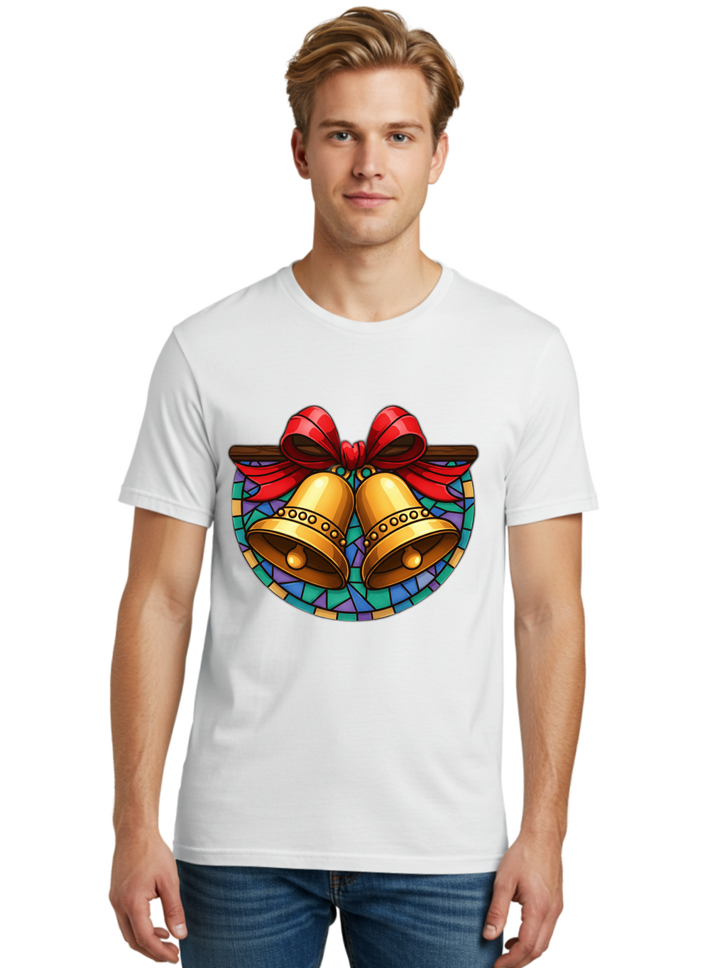 Christmas-Bells-Stained-Glass Men'S Graphic Tee, 100% Cotton, Comfortable Casual Summer Wear, Machine Washable, Golden Christmas Bells, Stained Glass, Red Ribbon, Festive Decorations, Holiday Cheer, Christmas Celebration, Vintage Style, Baa315