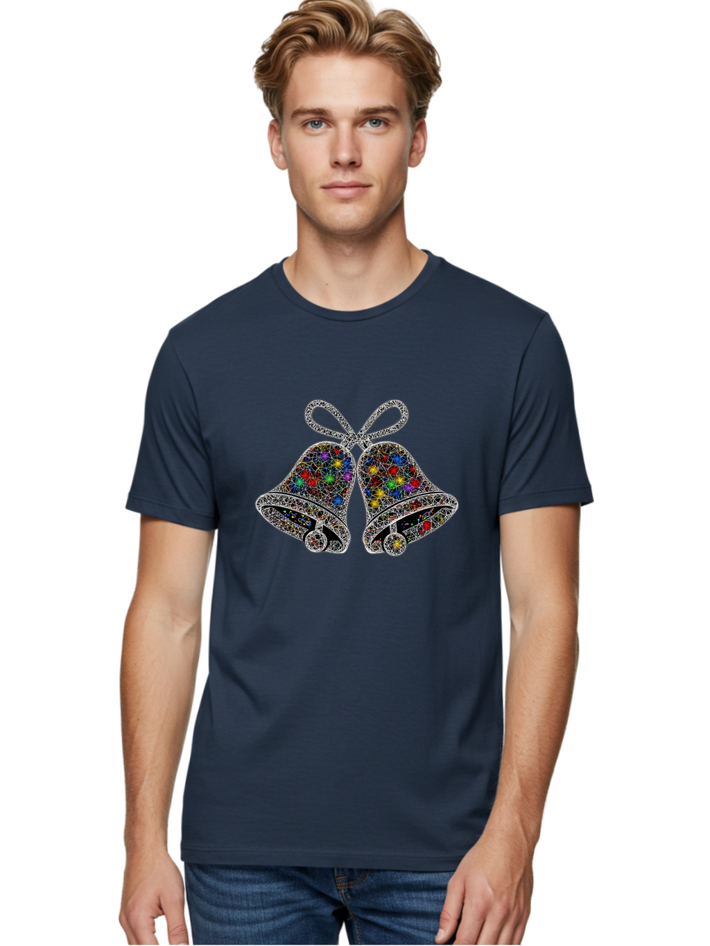 Christmas-Bells Men'S Graphic Tee, 100% Cotton, Comfortable Casual Summer Wear, Machine Washable, Holiday Bells, Colorful Jewels, Festive Decorations, Christmas Symbols, Shiny Ornaments, Celebratory Icons, Sparkling Decorations, Festive Cheer Baa316
