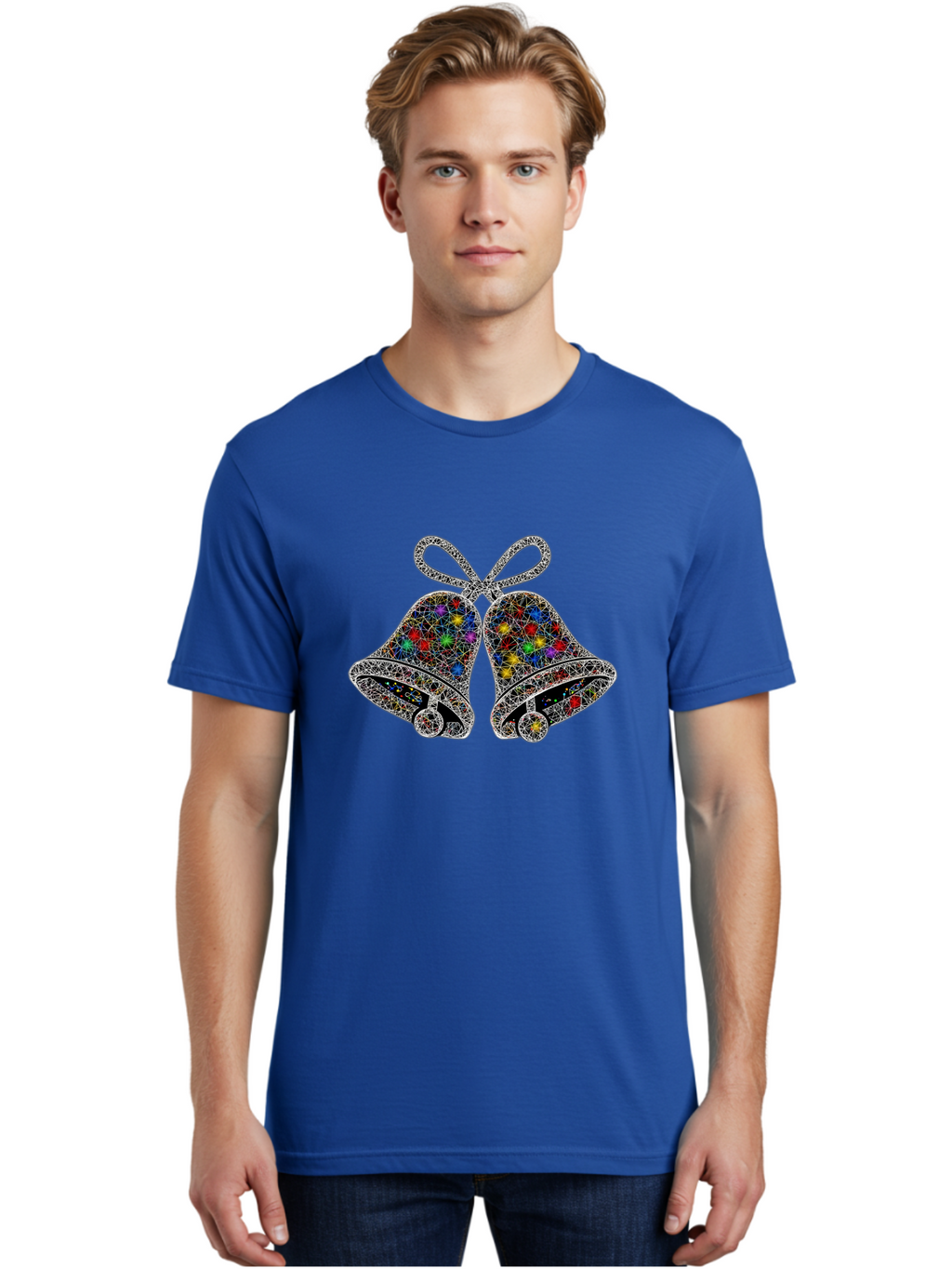 Christmas-Bells Men'S Graphic Tee, 100% Cotton, Comfortable Casual Summer Wear, Machine Washable, Holiday Bells, Colorful Jewels, Festive Decorations, Christmas Symbols, Shiny Ornaments, Celebratory Icons, Sparkling Decorations, Festive Cheer Baa316