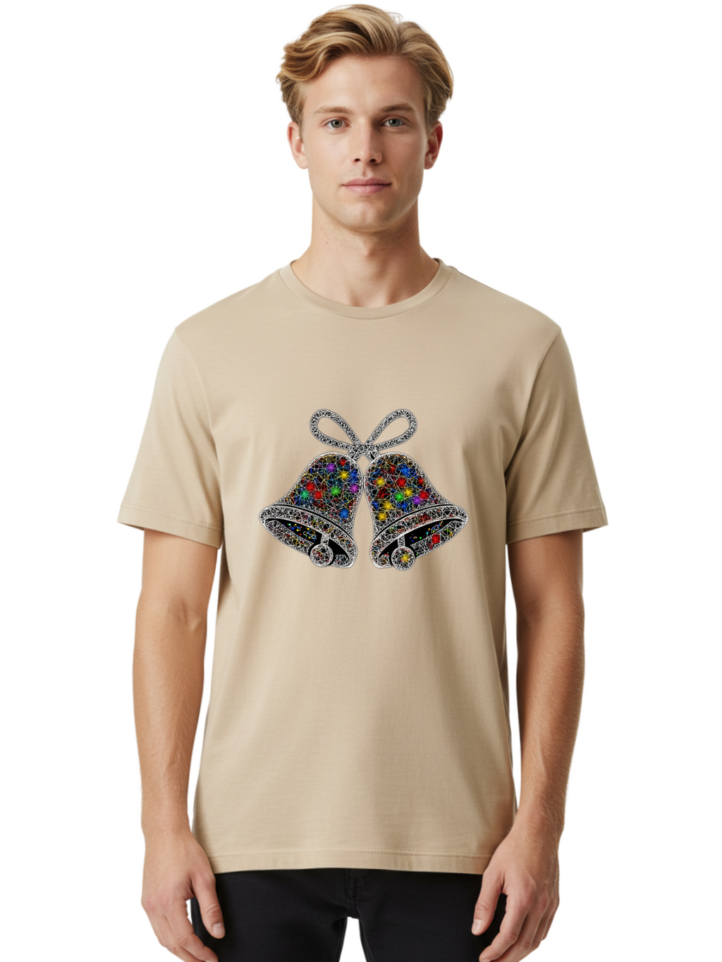 Christmas-Bells Men'S Graphic Tee, 100% Cotton, Comfortable Casual Summer Wear, Machine Washable, Holiday Bells, Colorful Jewels, Festive Decorations, Christmas Symbols, Shiny Ornaments, Celebratory Icons, Sparkling Decorations, Festive Cheer Baa316