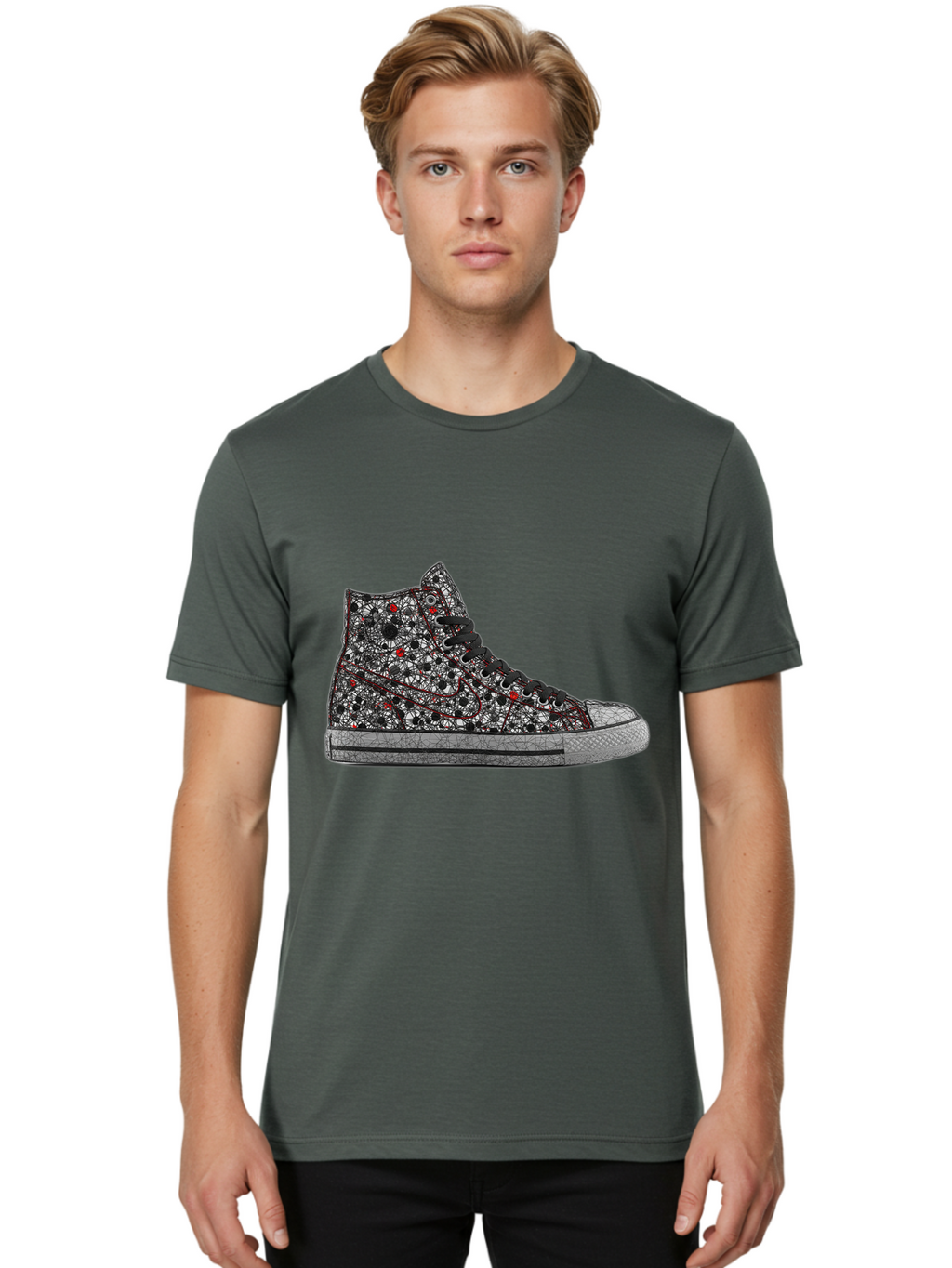 Chuck-Taylor-All-Star Men'S Graphic Tee, 100% Cotton, Comfortable Casual Summer Wear, Machine Washable, High Top Sneakers, Chunky Sole, Lace-Up Design, Floral Pattern, Bold Fashion, Statement Shoes, Converse Style, Canvas Material, Baa317
