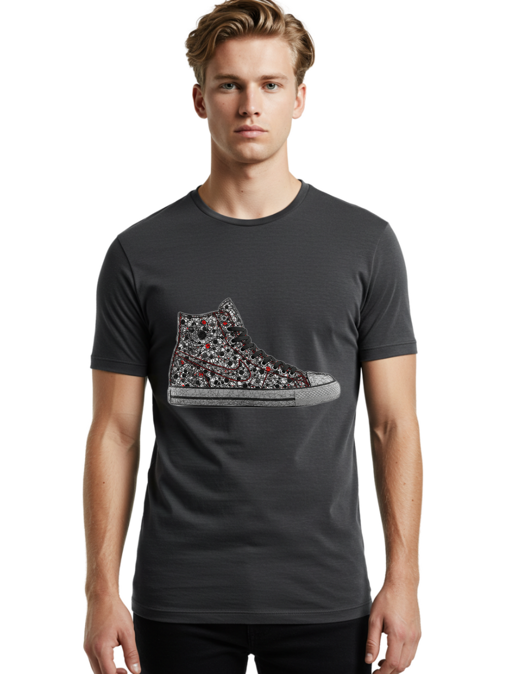 Chuck-Taylor-All-Star Men'S Graphic Tee, 100% Cotton, Comfortable Casual Summer Wear, Machine Washable, High Top Sneakers, Chunky Sole, Lace-Up Design, Floral Pattern, Bold Fashion, Statement Shoes, Converse Style, Canvas Material, Baa317
