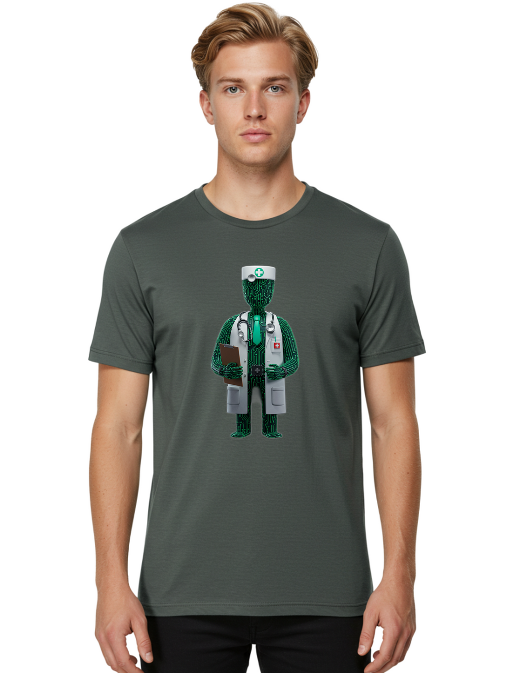 Circuit-Doctor Men'S Graphic Tee, 100% Cotton, Comfortable Casual Summer Wear, Machine Washable, Circuit Board Humanoid Doctor, Medical Professional, Stethoscope Around Neck, Clipboard In Hand, White Lab Coat, Red Cross Emblem, Baa320