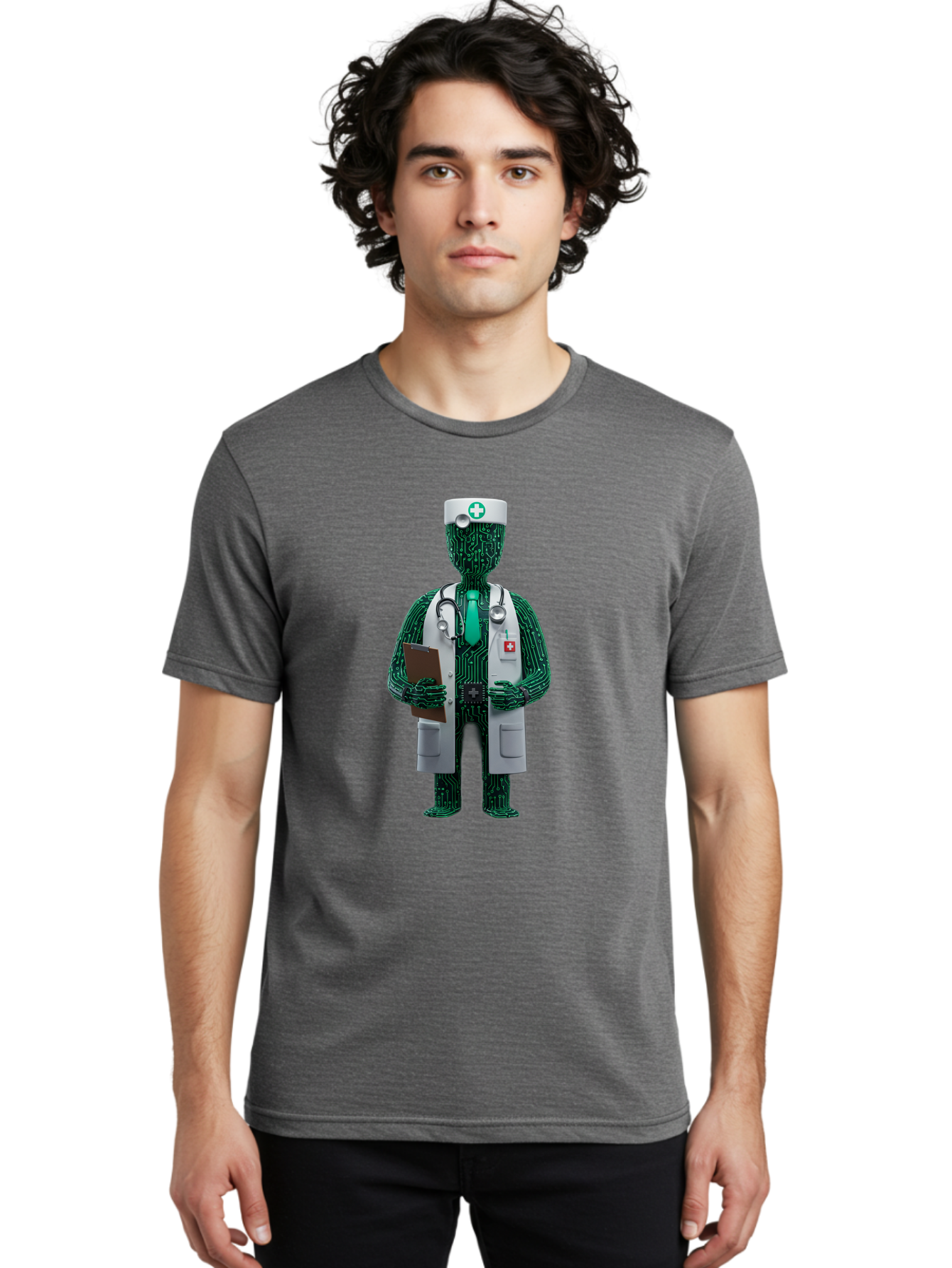 Circuit-Doctor Men'S Graphic Tee, 100% Cotton, Comfortable Casual Summer Wear, Machine Washable, Circuit Board Humanoid Doctor, Medical Professional, Stethoscope Around Neck, Clipboard In Hand, White Lab Coat, Red Cross Emblem, Baa320
