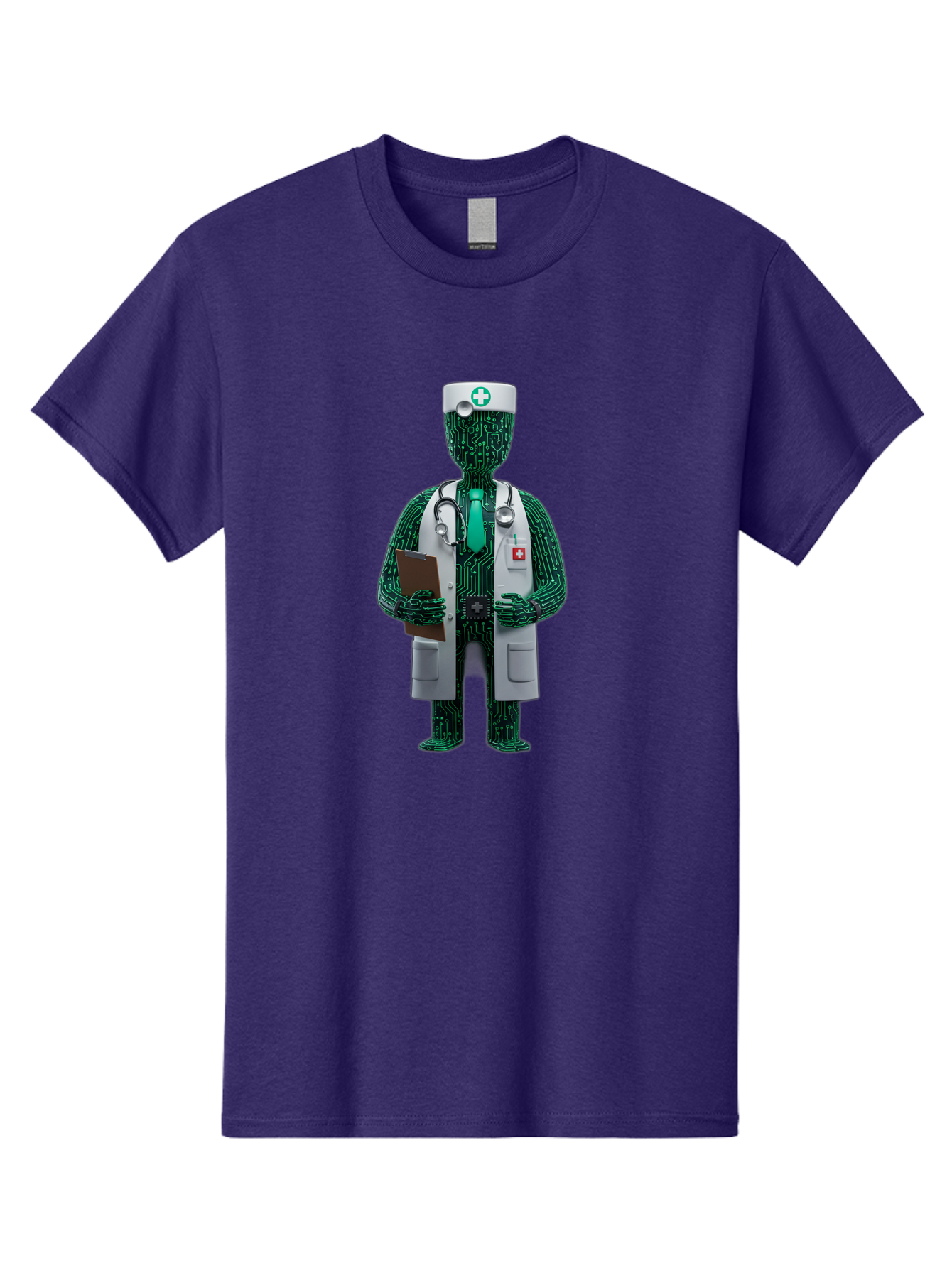 Circuit-Doctor Men'S Graphic Tee, 100% Cotton, Comfortable Casual Summer Wear, Machine Washable, Circuit Board Humanoid Doctor, Medical Professional, Stethoscope Around Neck, Clipboard In Hand, White Lab Coat, Red Cross Emblem, Baa320