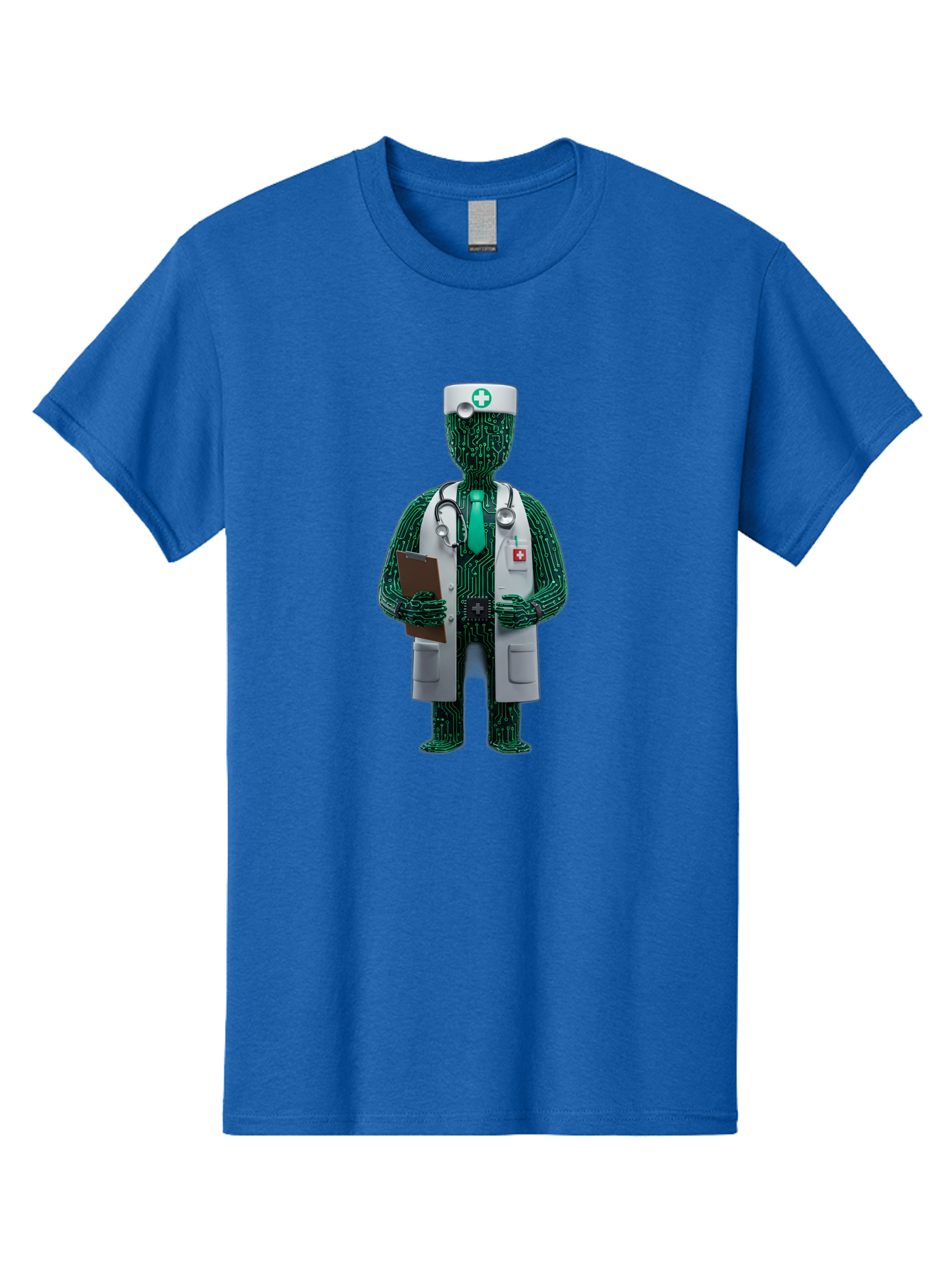 Circuit-Doctor Men'S Graphic Tee, 100% Cotton, Comfortable Casual Summer Wear, Machine Washable, Circuit Board Humanoid Doctor, Medical Professional, Stethoscope Around Neck, Clipboard In Hand, White Lab Coat, Red Cross Emblem, Baa320