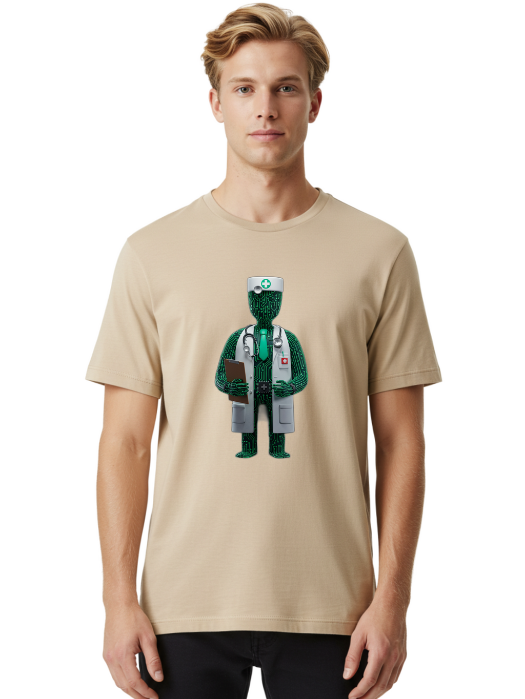 Circuit-Doctor Men'S Graphic Tee, 100% Cotton, Comfortable Casual Summer Wear, Machine Washable, Circuit Board Humanoid Doctor, Medical Professional, Stethoscope Around Neck, Clipboard In Hand, White Lab Coat, Red Cross Emblem, Baa320